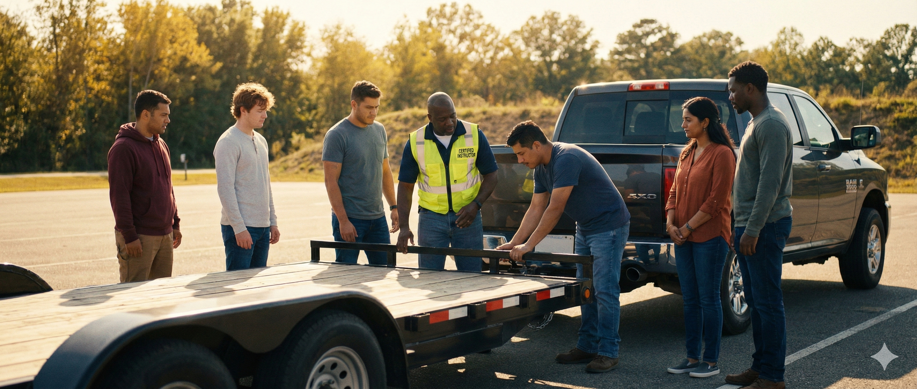Instructor teaching a student to secure a car-hauler trailer during a CDL training session.