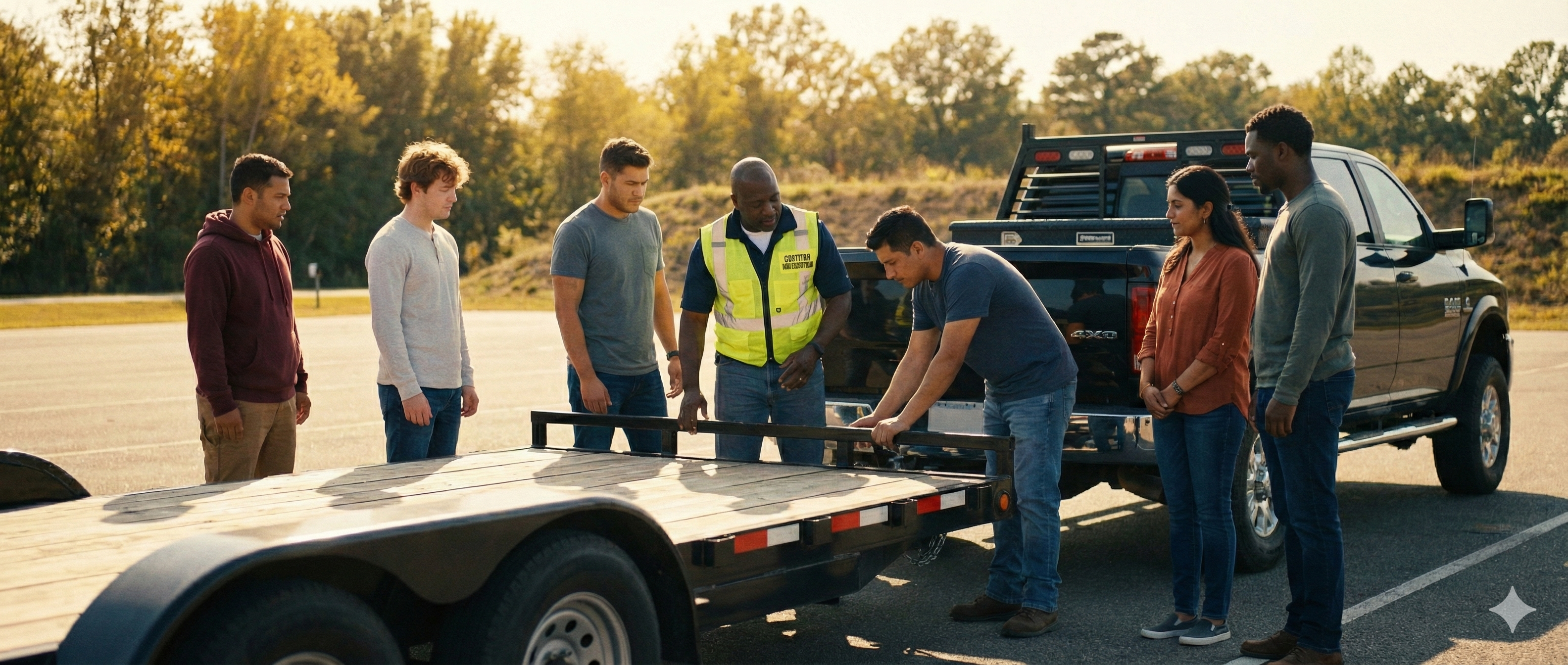 Instructor teaching a student to secure a car-hauler trailer during a CDL training session.