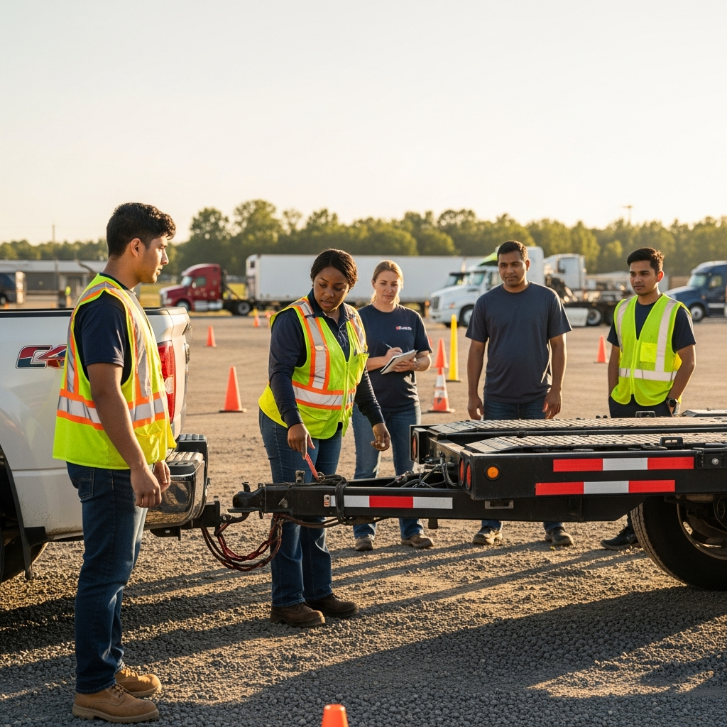 Instructor teaching a student to secure a car-hauler trailer during a CDL training session.