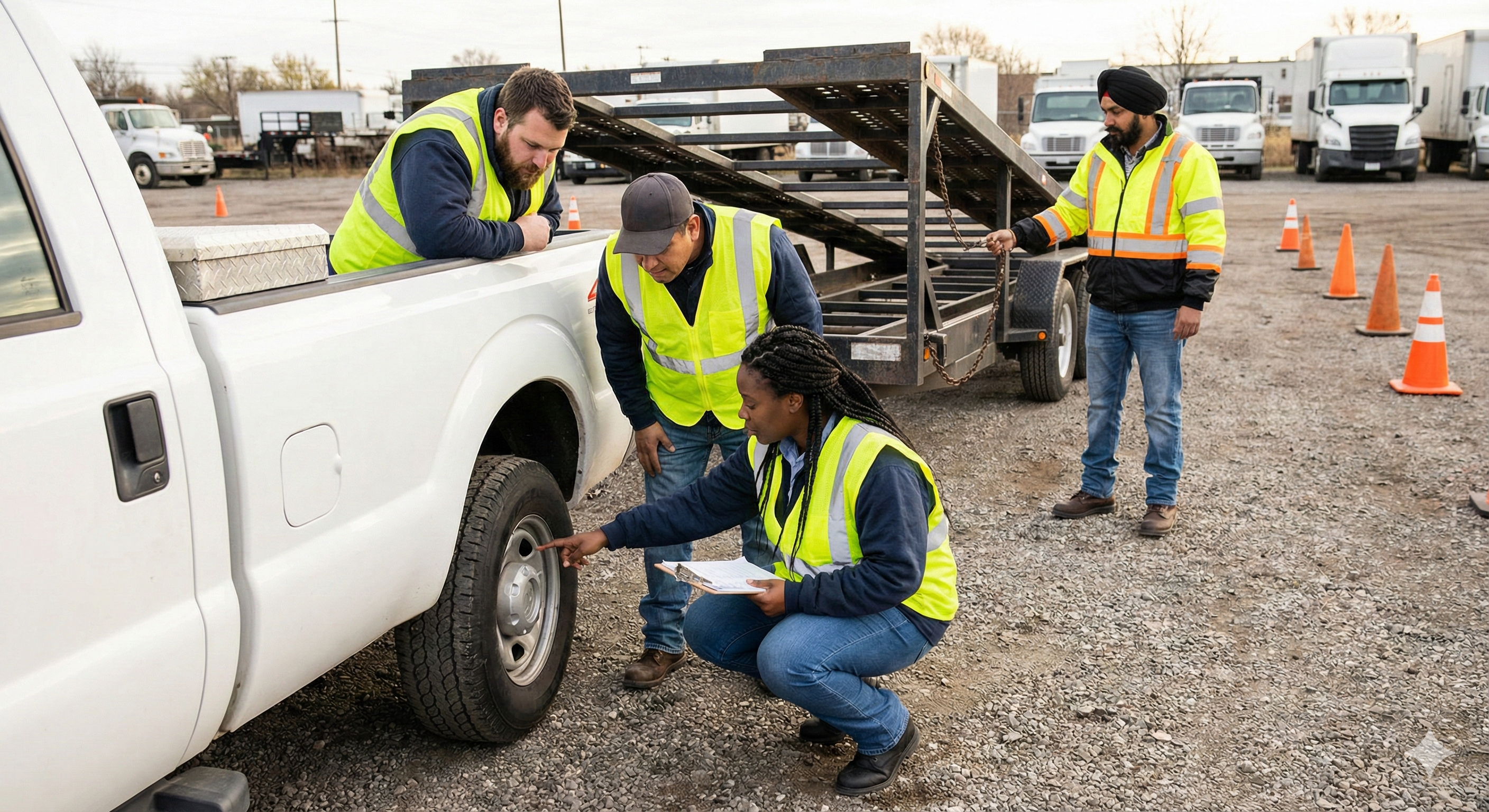 Student conducting a pre-trip inspection on a truck and trailer in a training yard.