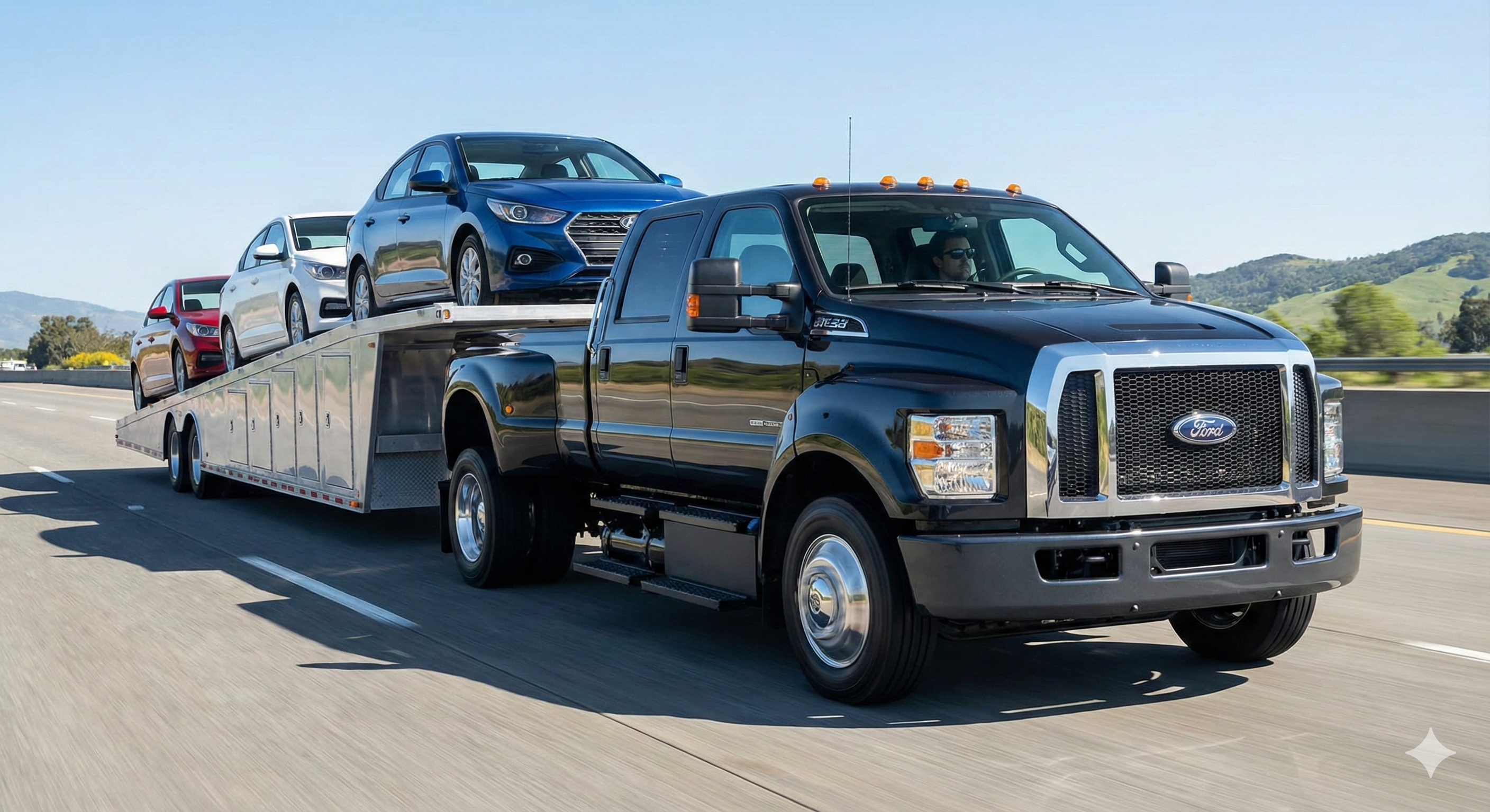 Medium-duty Class A truck towing a three-car-hauler trailer on a highway.