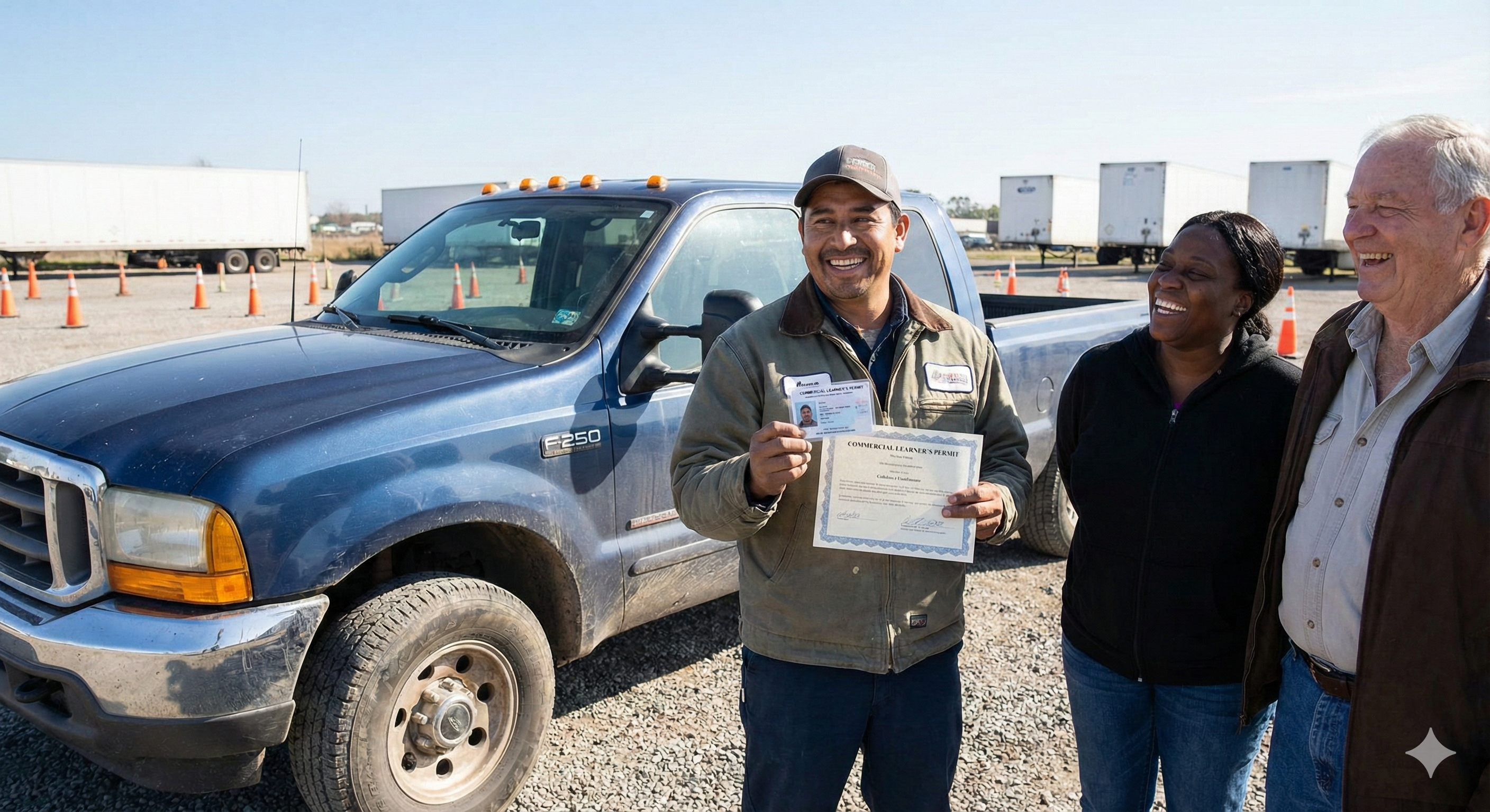 Smiling graduate proudly holding a CDL learner’s permit by a hotshot truck.