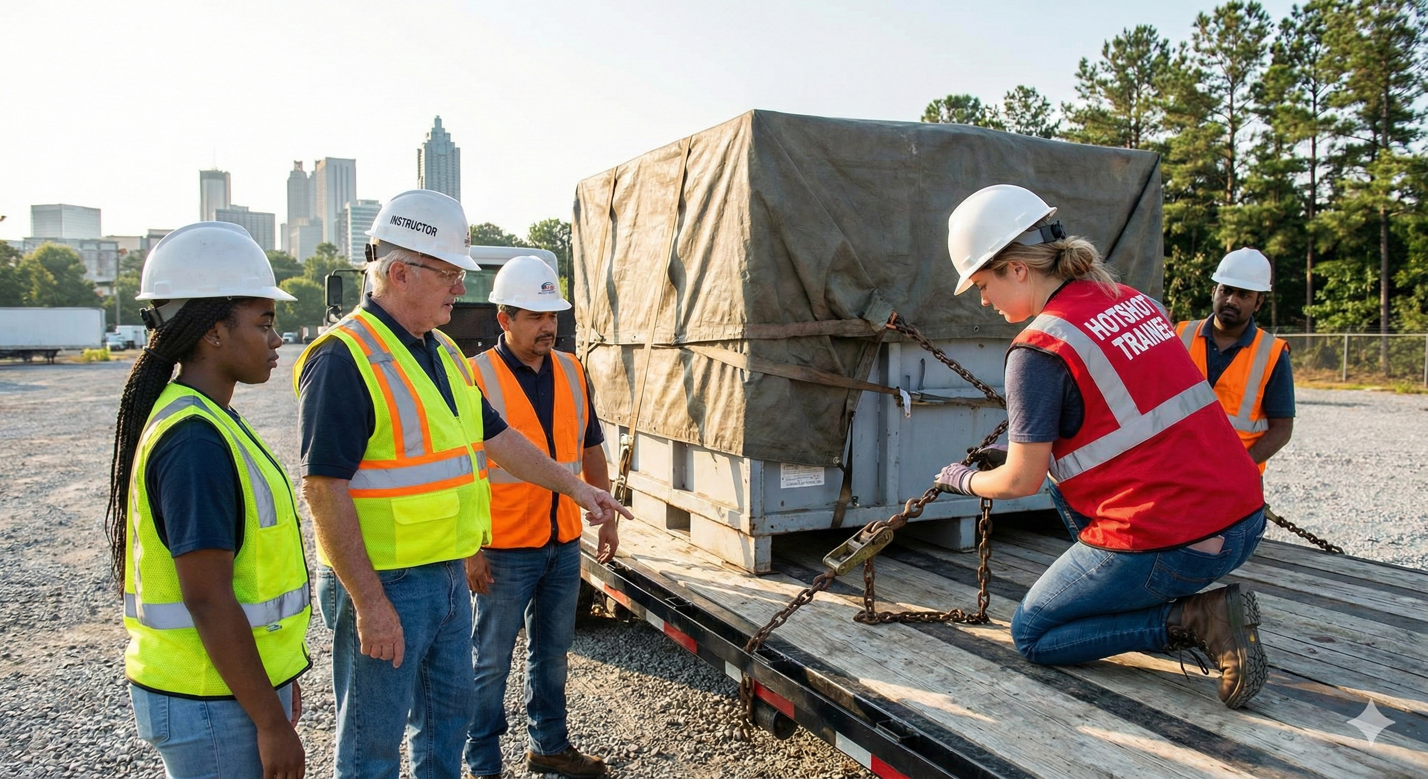 Student practicing cargo securement with chains and straps on a flatbed trailer.