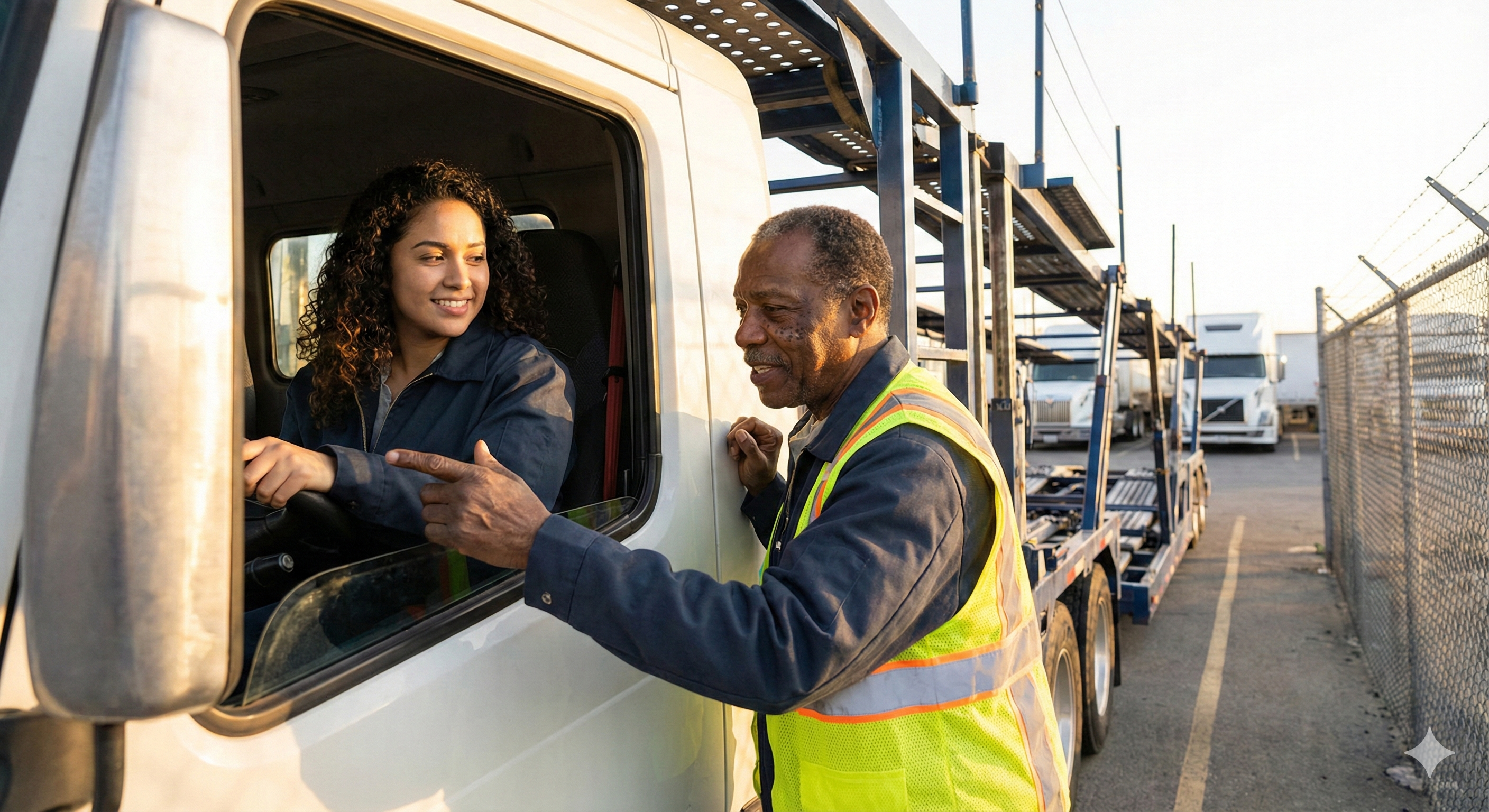 CDL instructor providing hands-on guidance to a student near a car-hauler trailer.