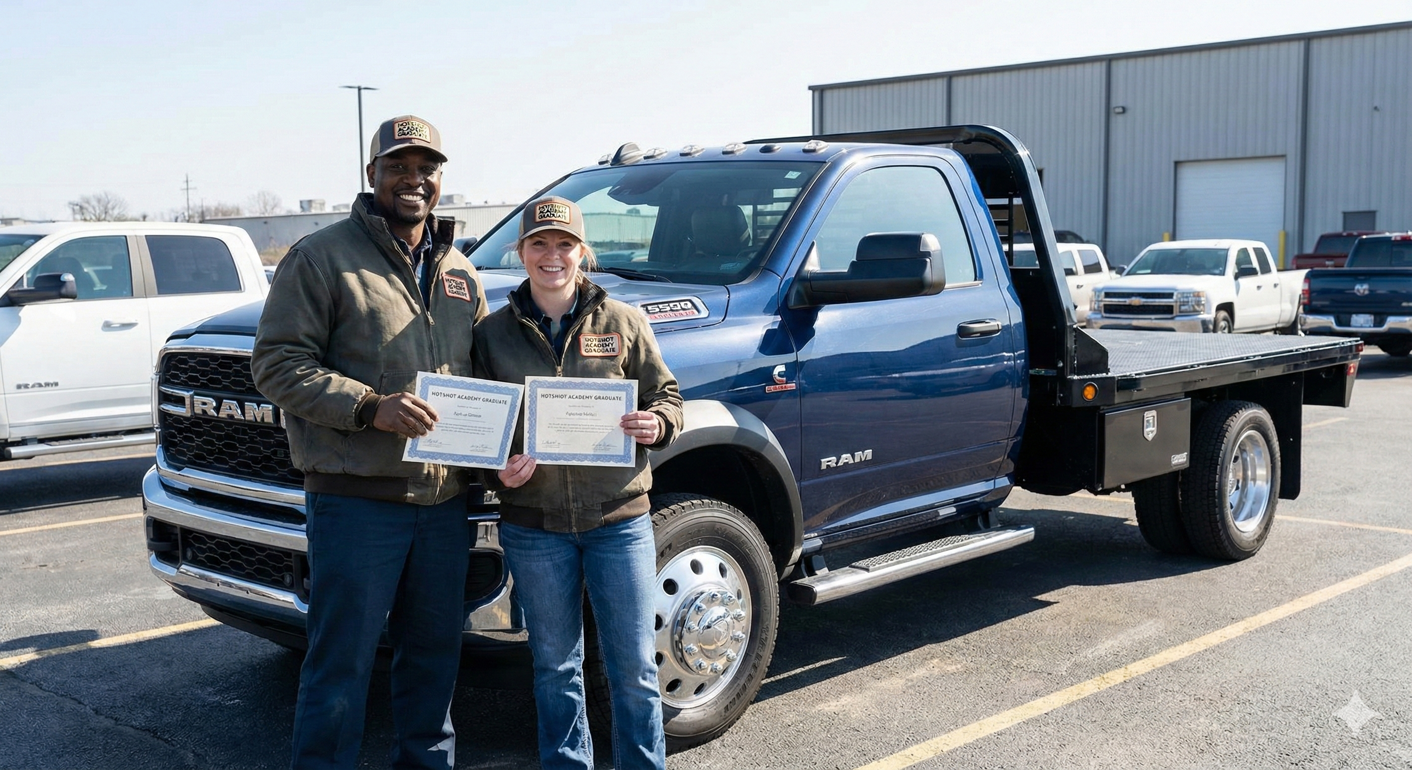Two smiling hotshot graduates standing beside their new pickup truck.