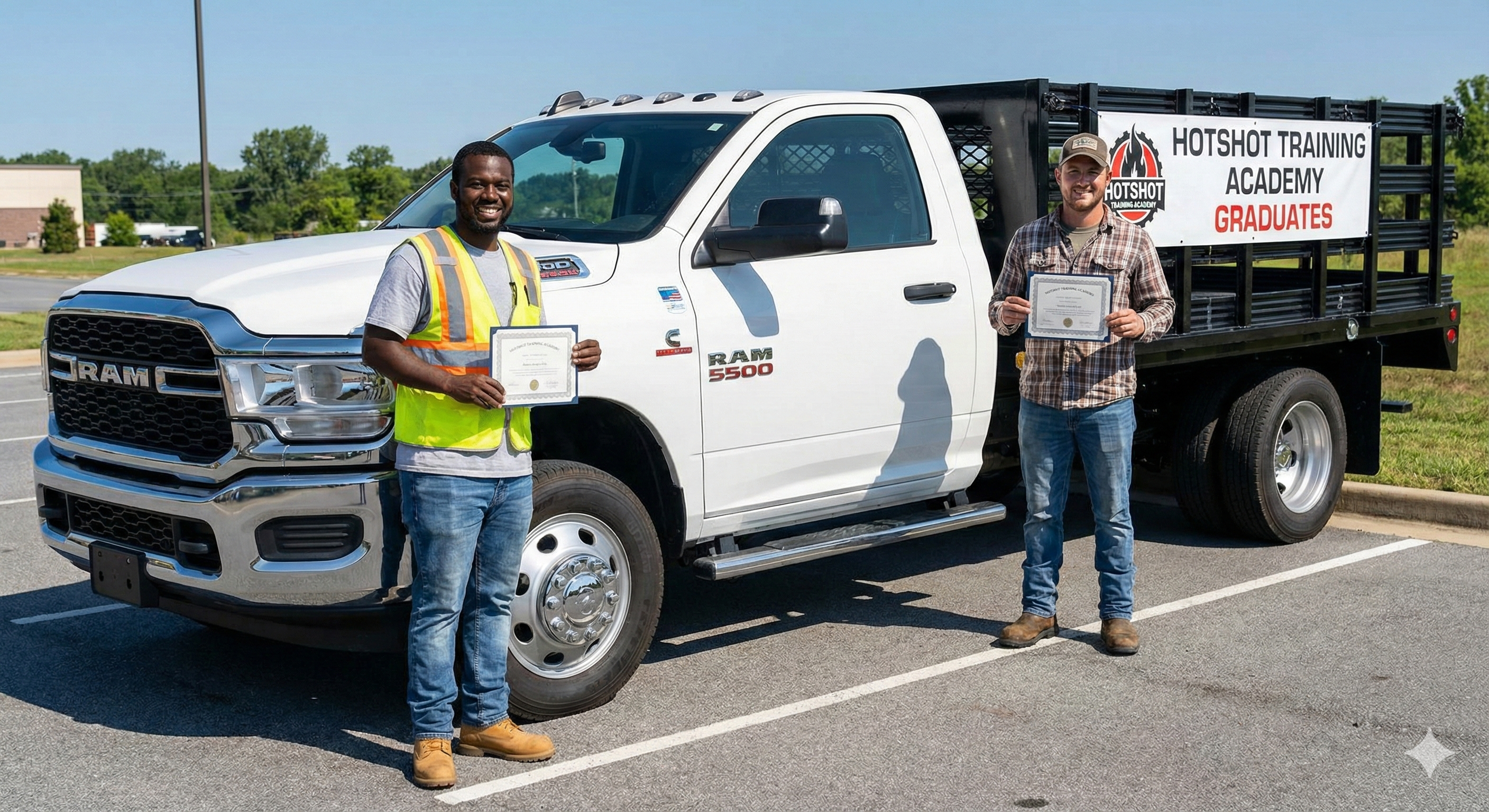 Two smiling hotshot graduates standing beside their new pickup truck.