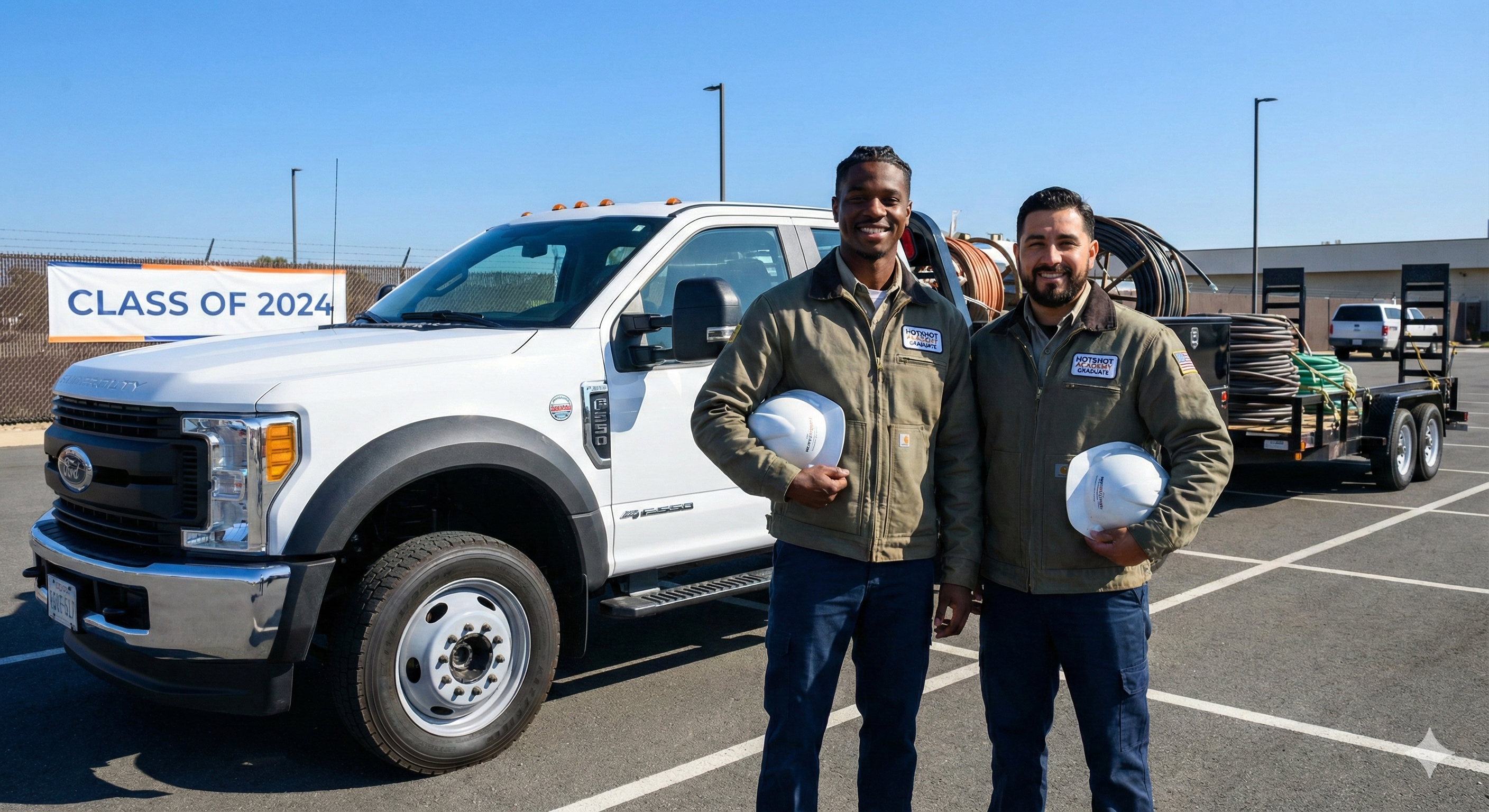 Two smiling hotshot graduates standing beside their new pickup truck.