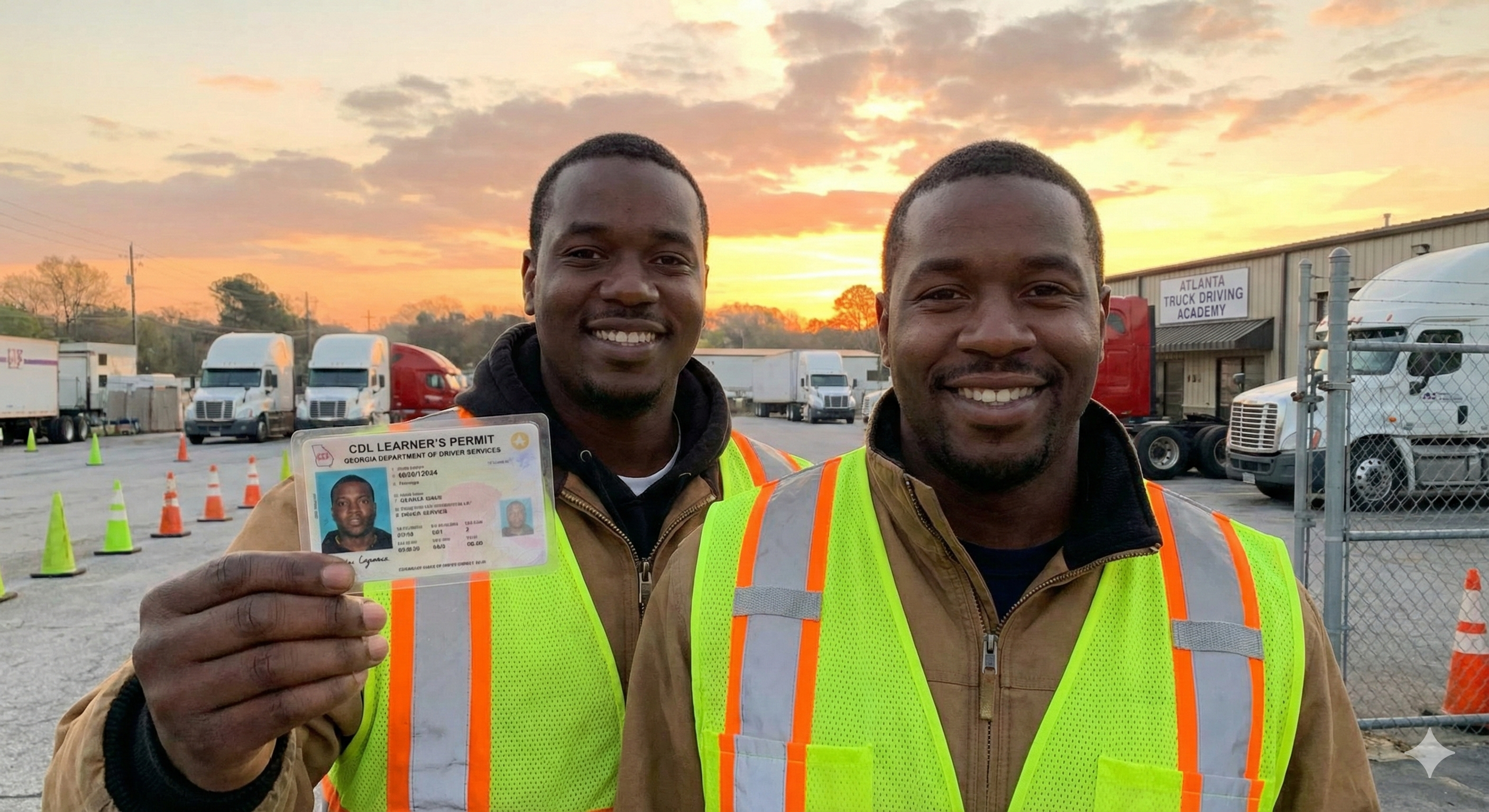Happy student displaying a newly obtained CDL learner’s permit at a truck training yard.