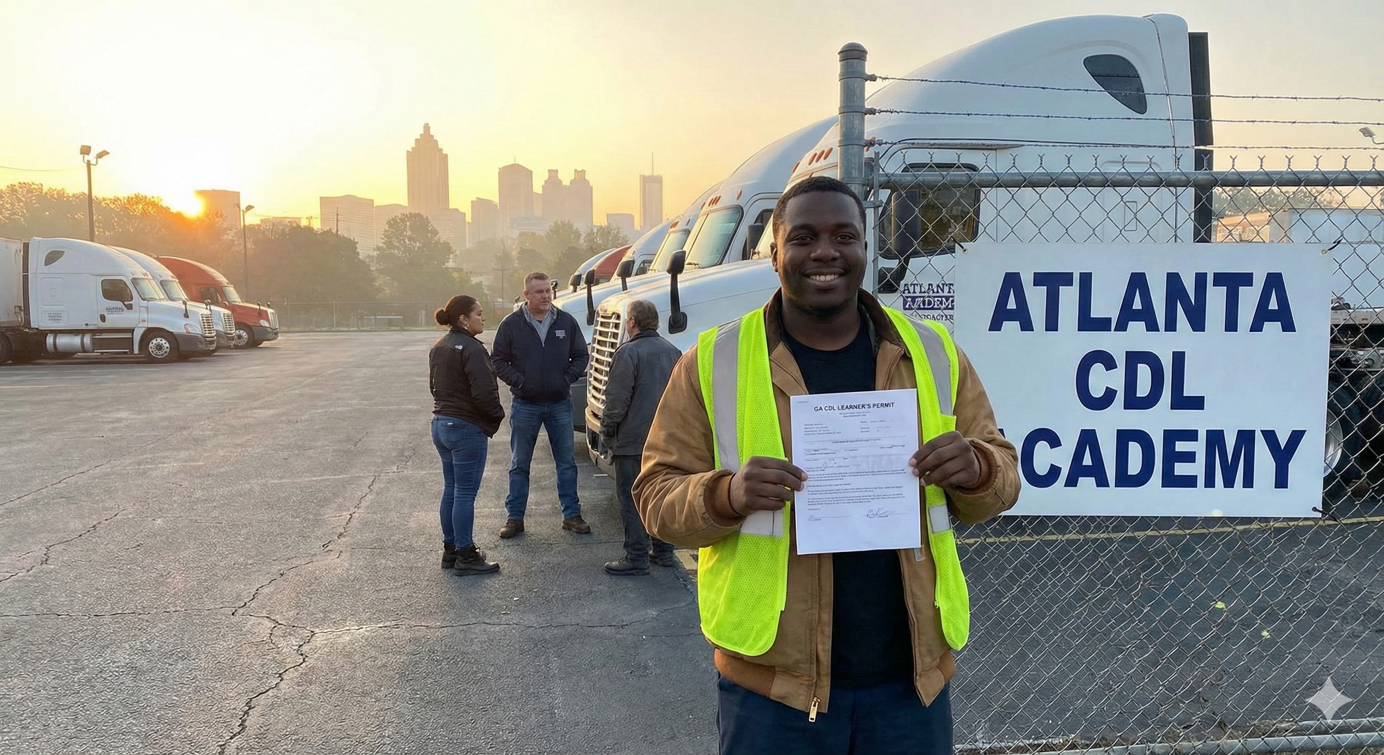 Happy student displaying a newly obtained CDL learner’s permit at a truck training yard.