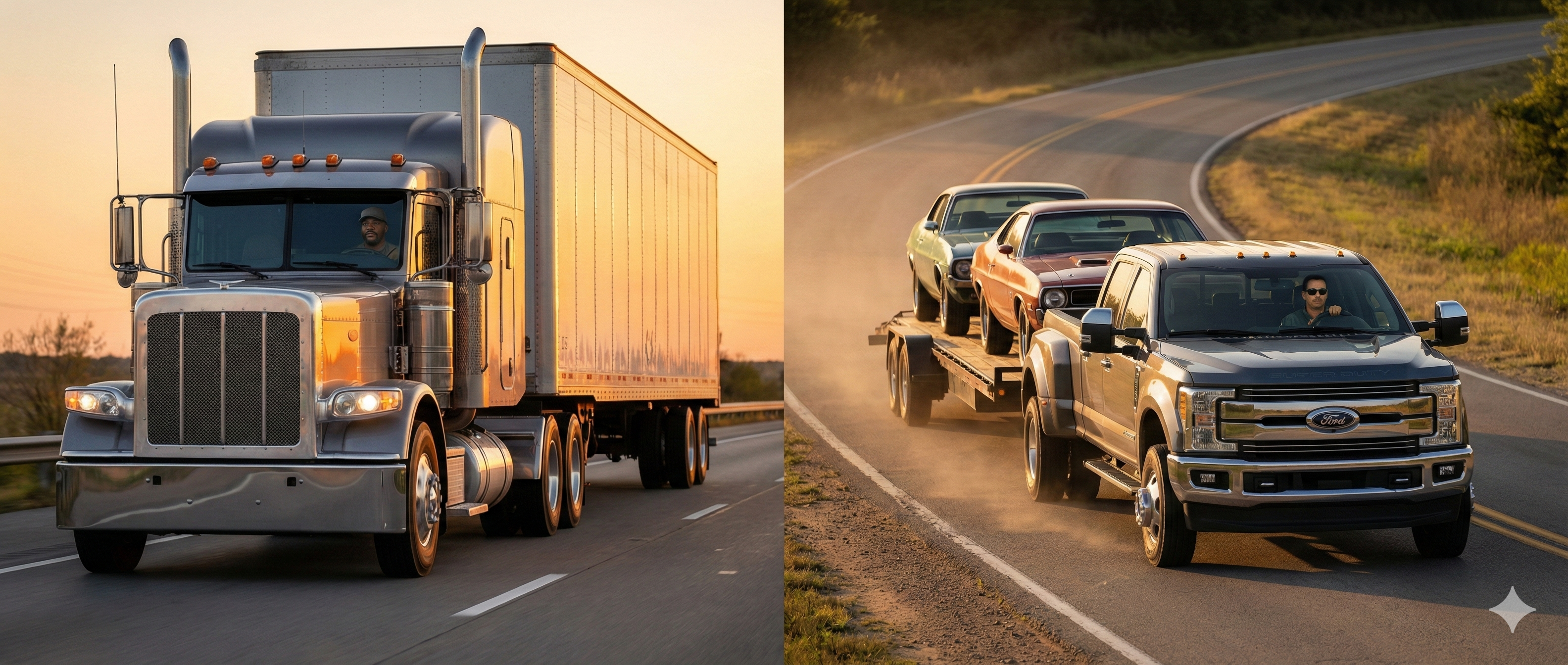 Split-screen hero image of a Class 8 semi-truck on highway and a hotshot pickup with trailer in rural setting.
