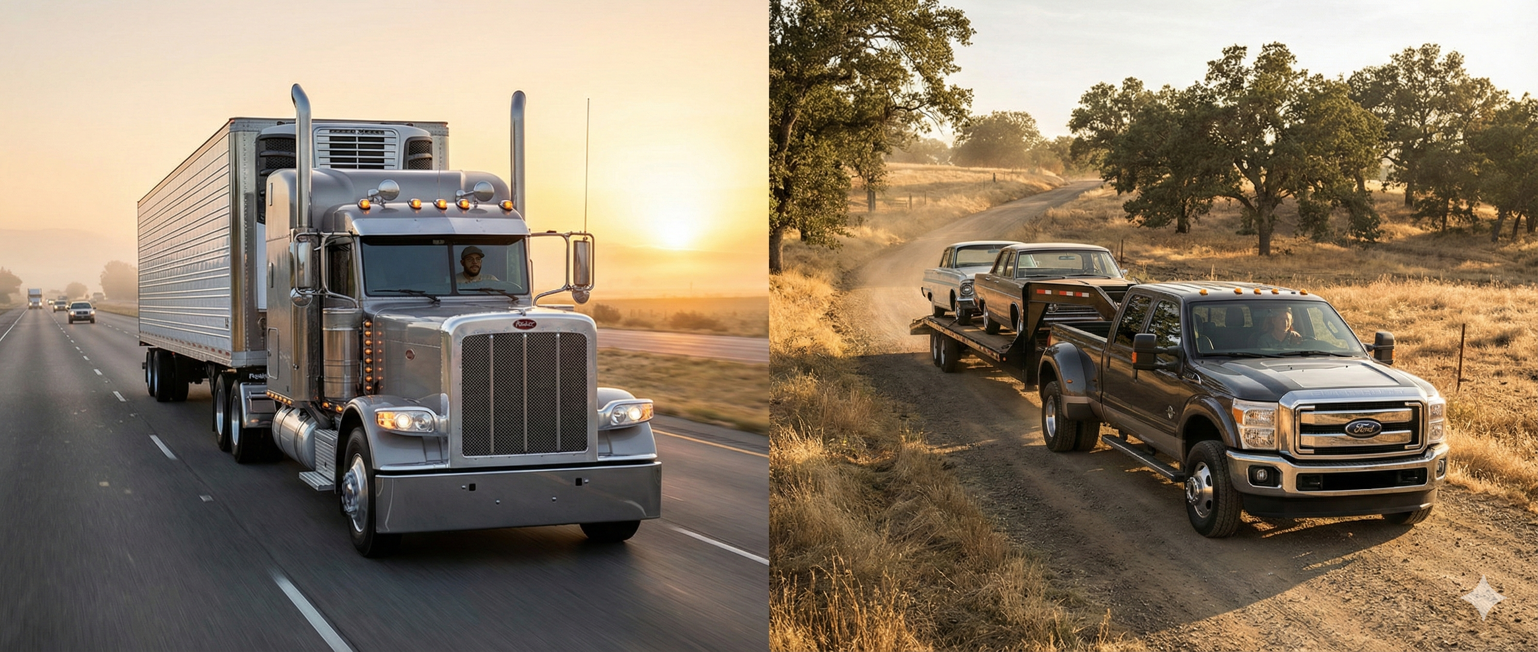 Split-screen hero image of a Class 8 semi-truck on highway and a hotshot pickup with trailer in rural setting.