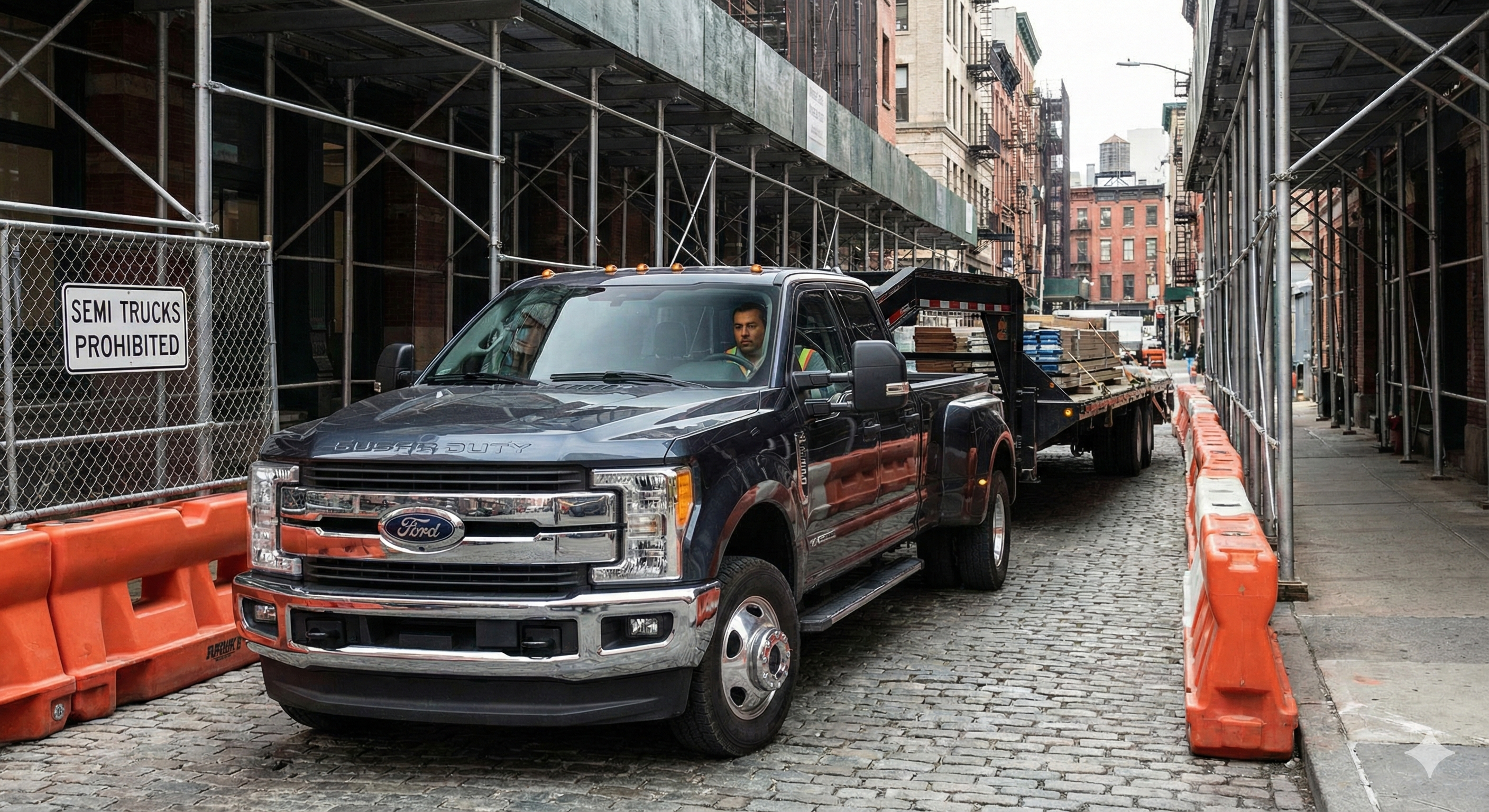Hotshot truck maneuvering through a tight construction zone inaccessible to a semi-truck.