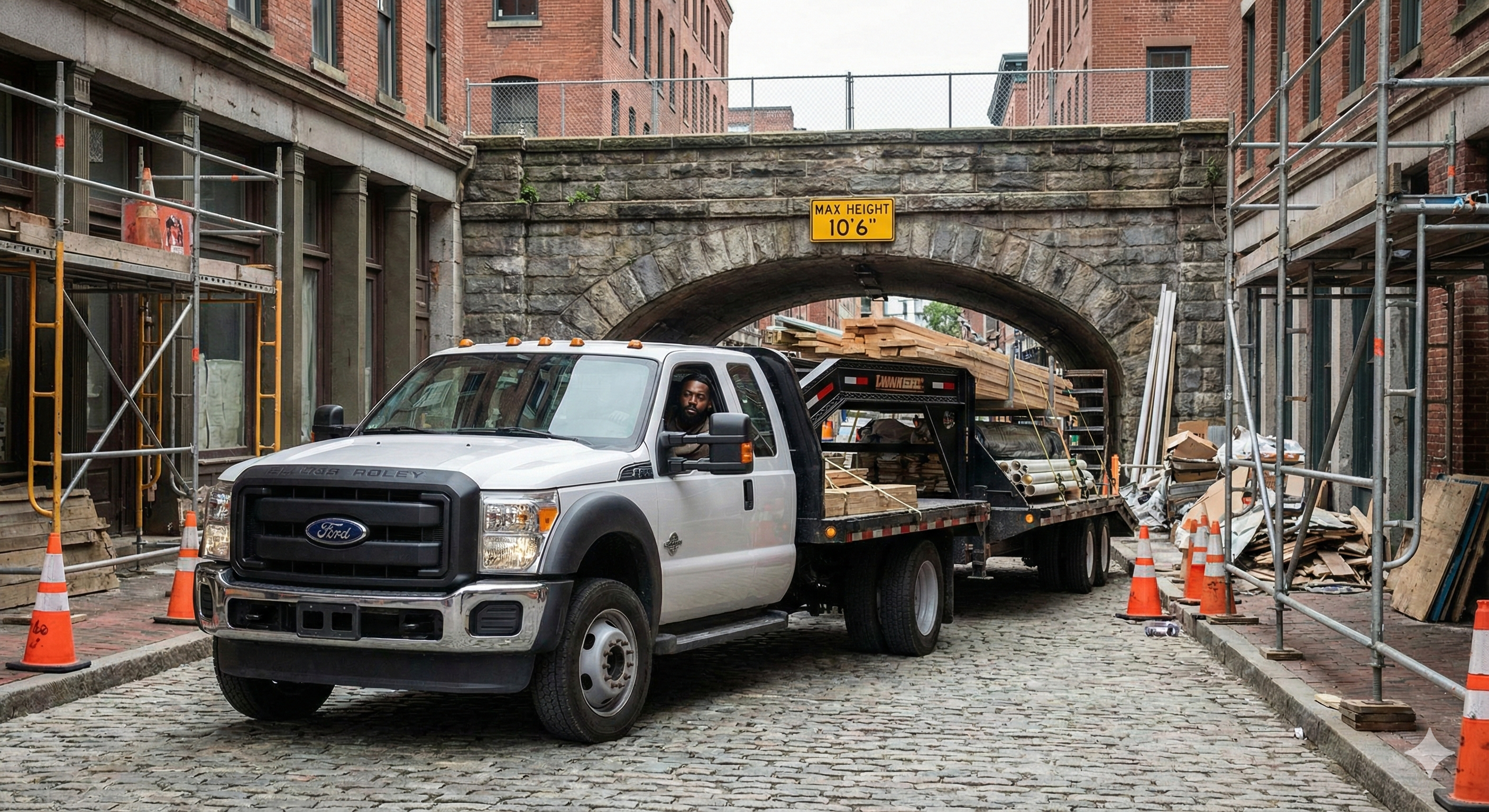 Hotshot truck maneuvering through a tight construction zone inaccessible to a semi-truck.
