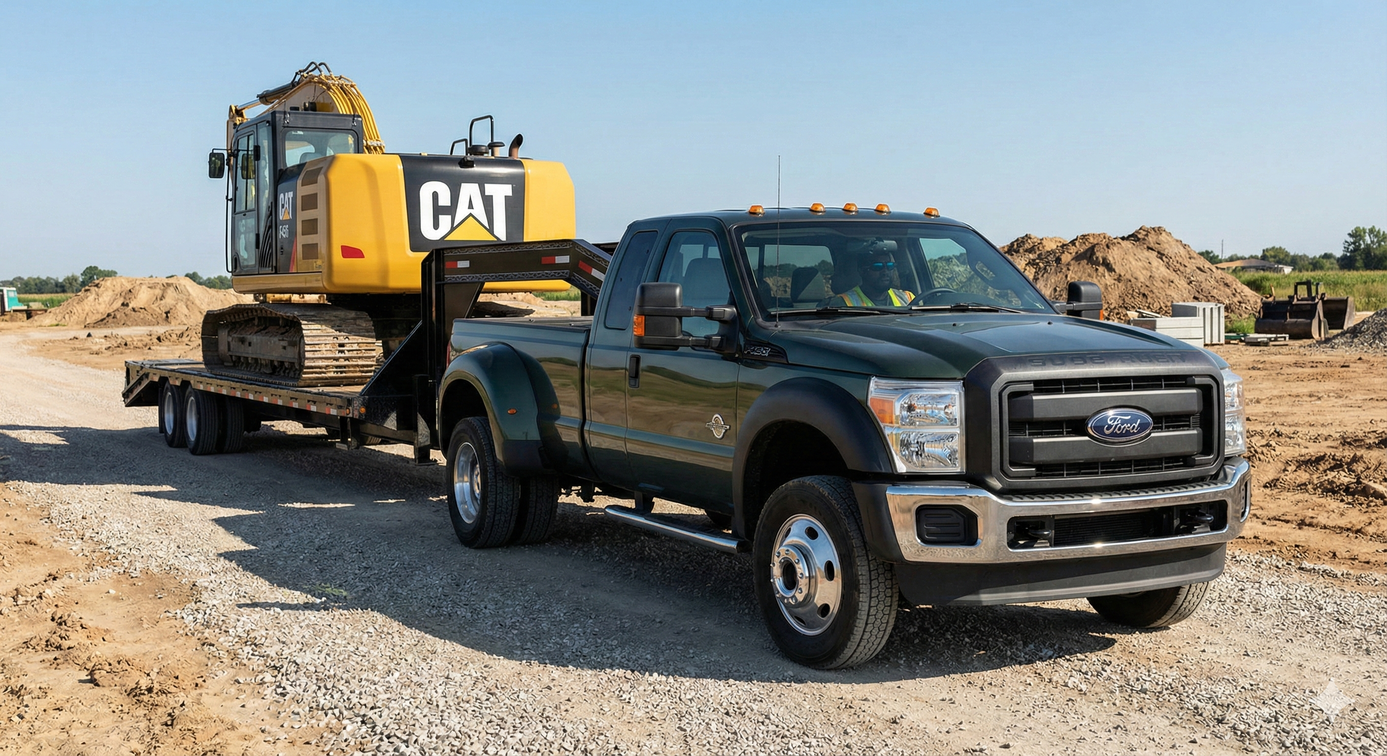 Hotshot truck hauling heavy machinery on a gooseneck flatbed trailer at a job site.