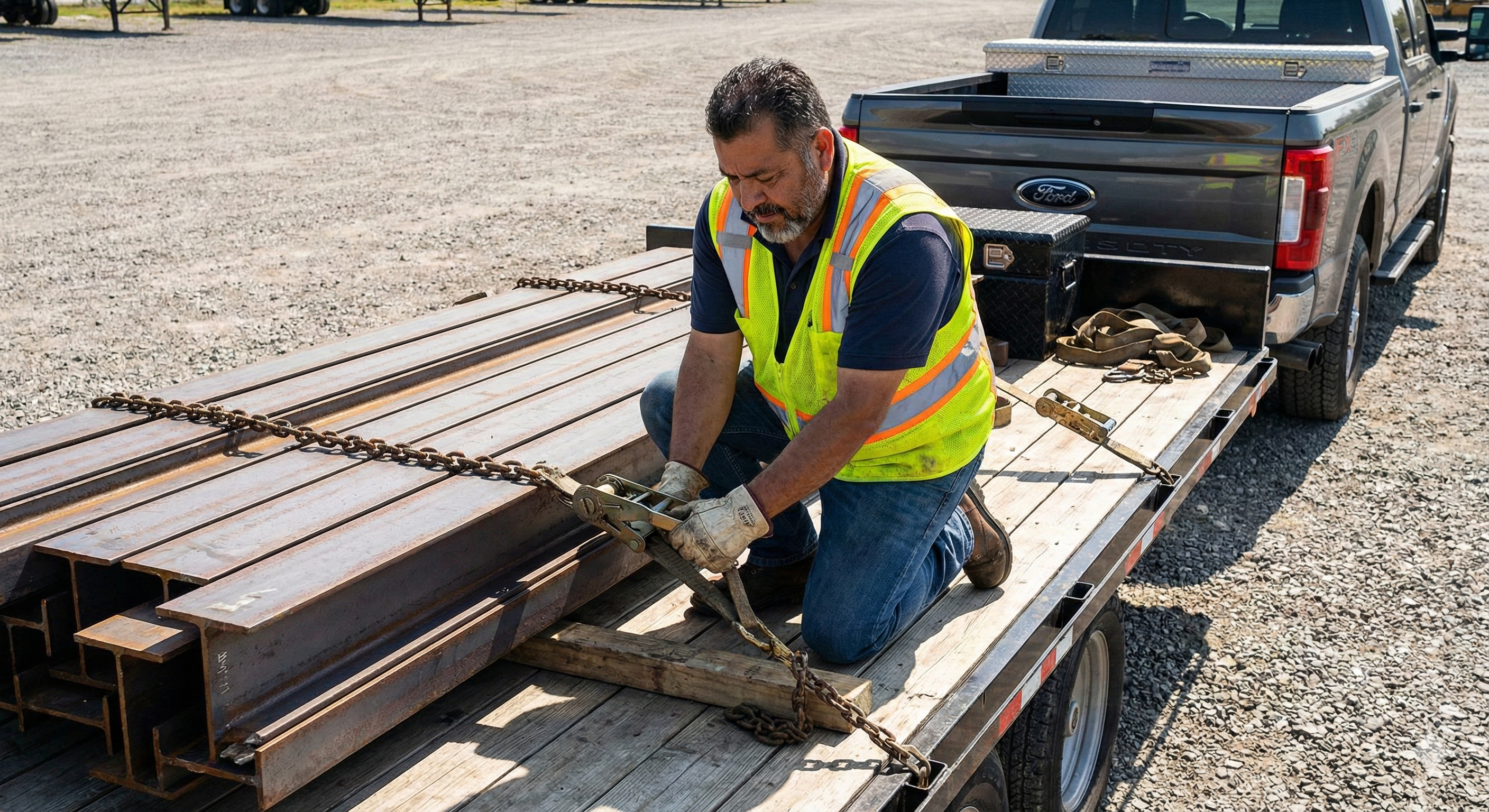 Hotshot driver securing cargo with chains and straps on a flatbed trailer.