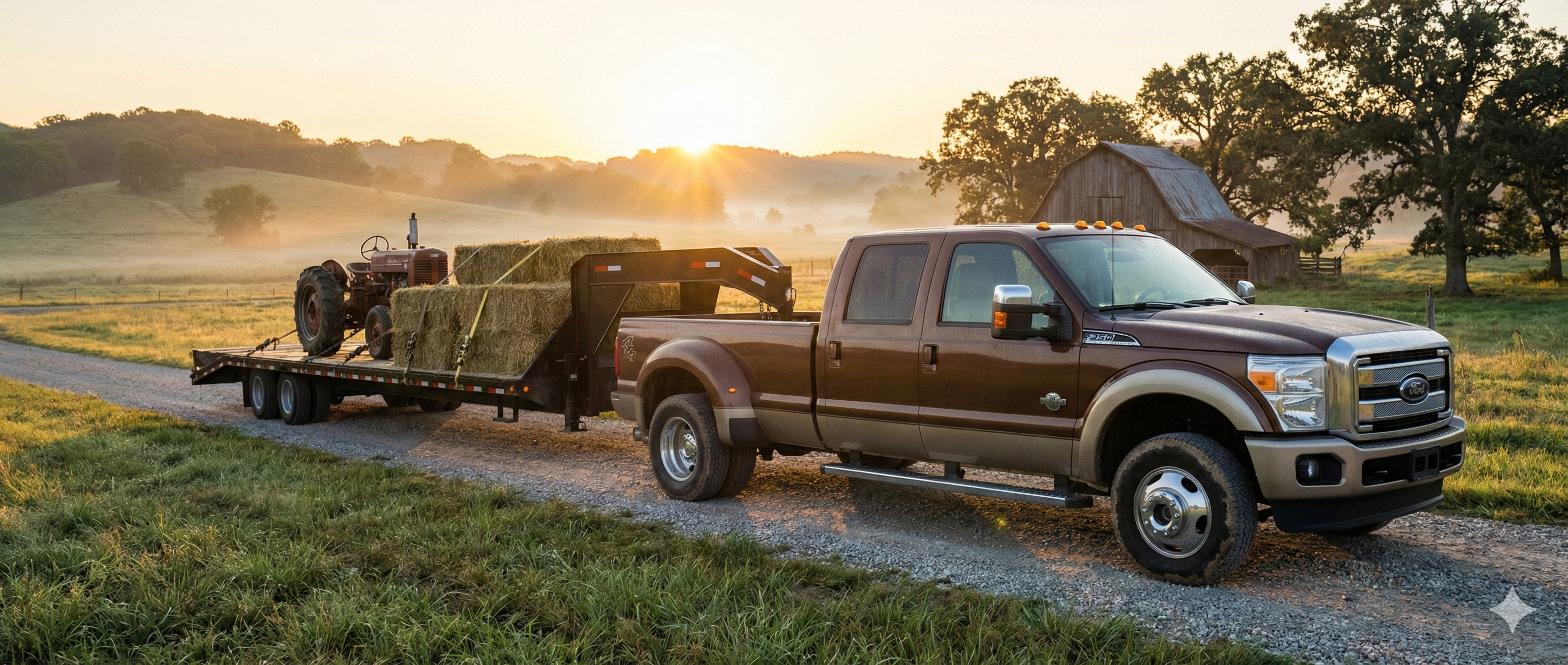 Hotshot pickup truck with a gooseneck trailer parked at sunrise in a rural area.