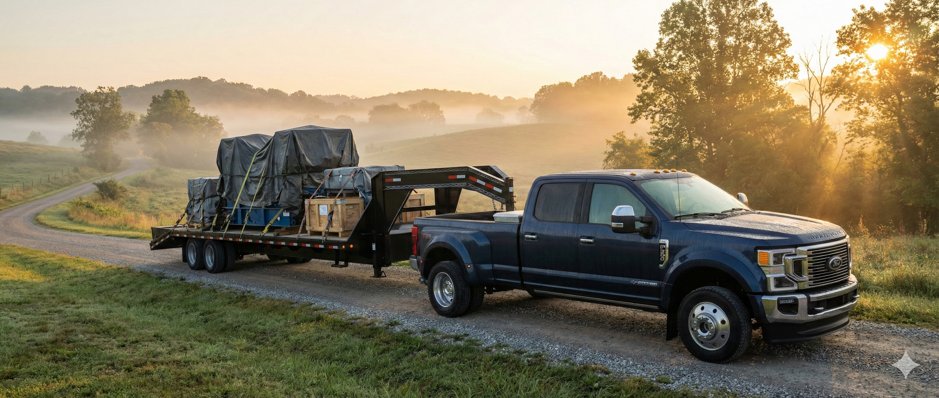 Hotshot pickup truck with a gooseneck trailer parked at sunrise in a rural area.