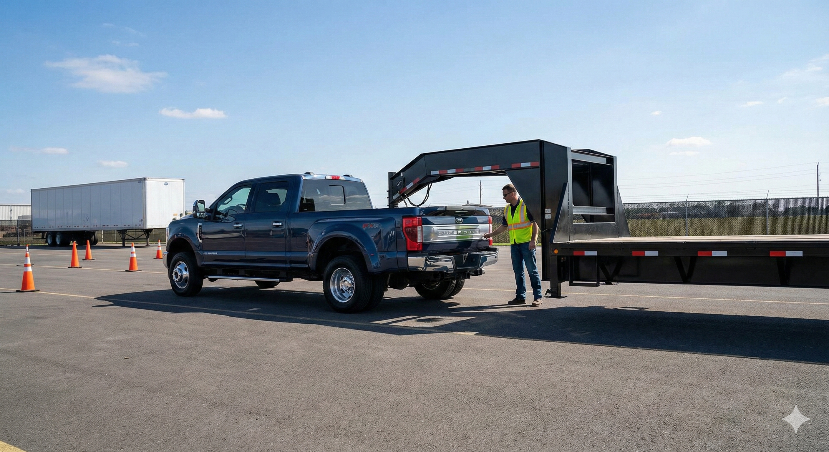 One-ton dually pickup truck hooking up to a gooseneck car-hauler trailer in a training yard.