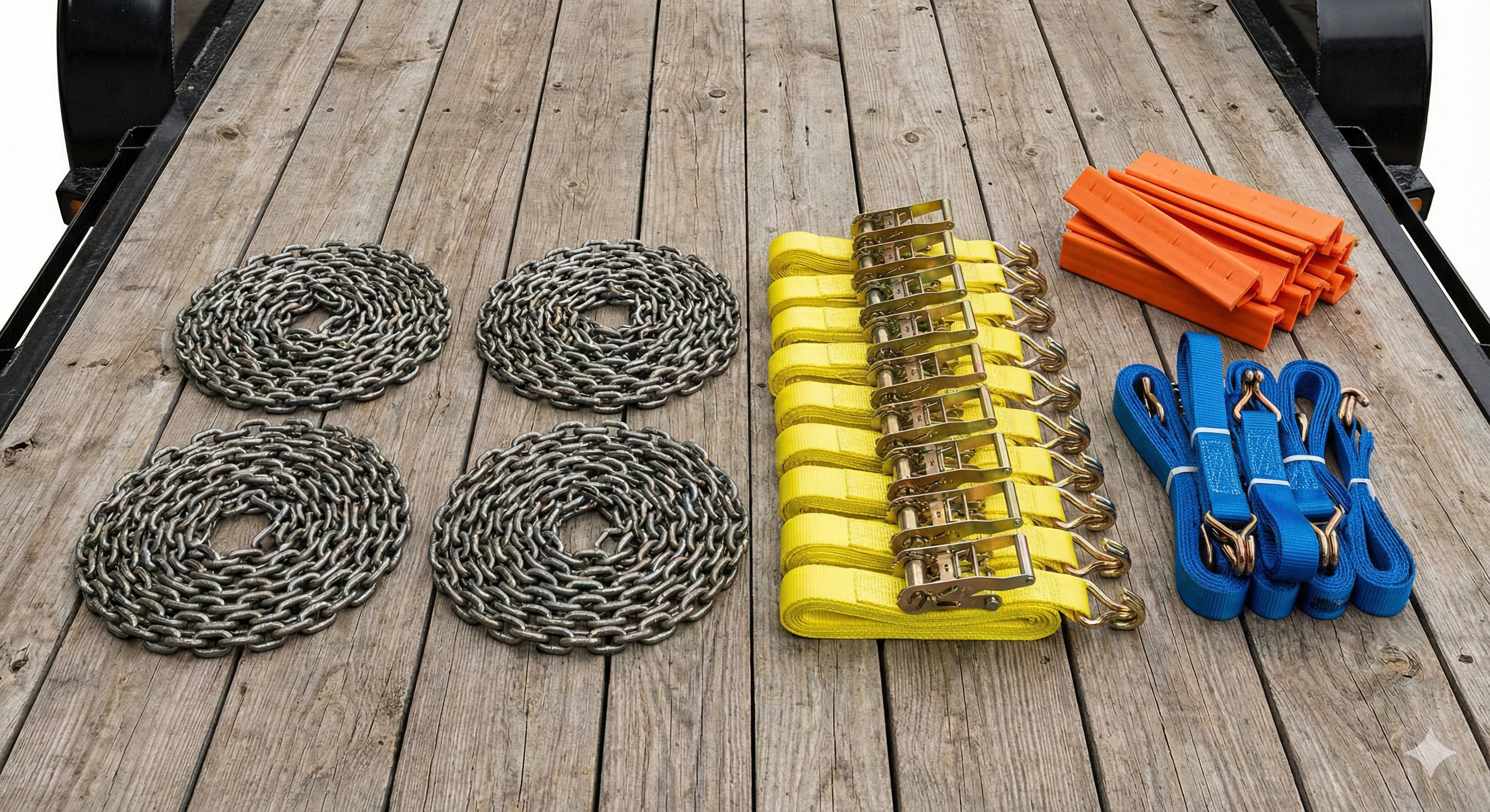 Close-up of cargo securement equipment (chains, straps, edge protectors) on a trailer deck.