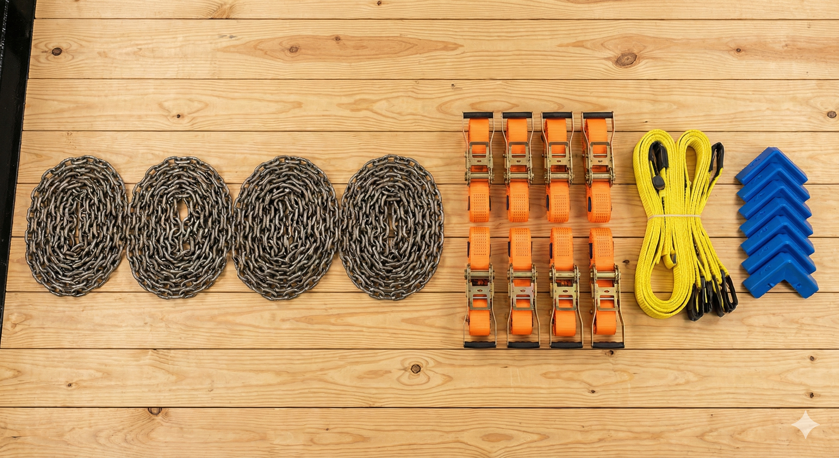 Close-up of cargo securement equipment (chains, straps, edge protectors) on a trailer deck.