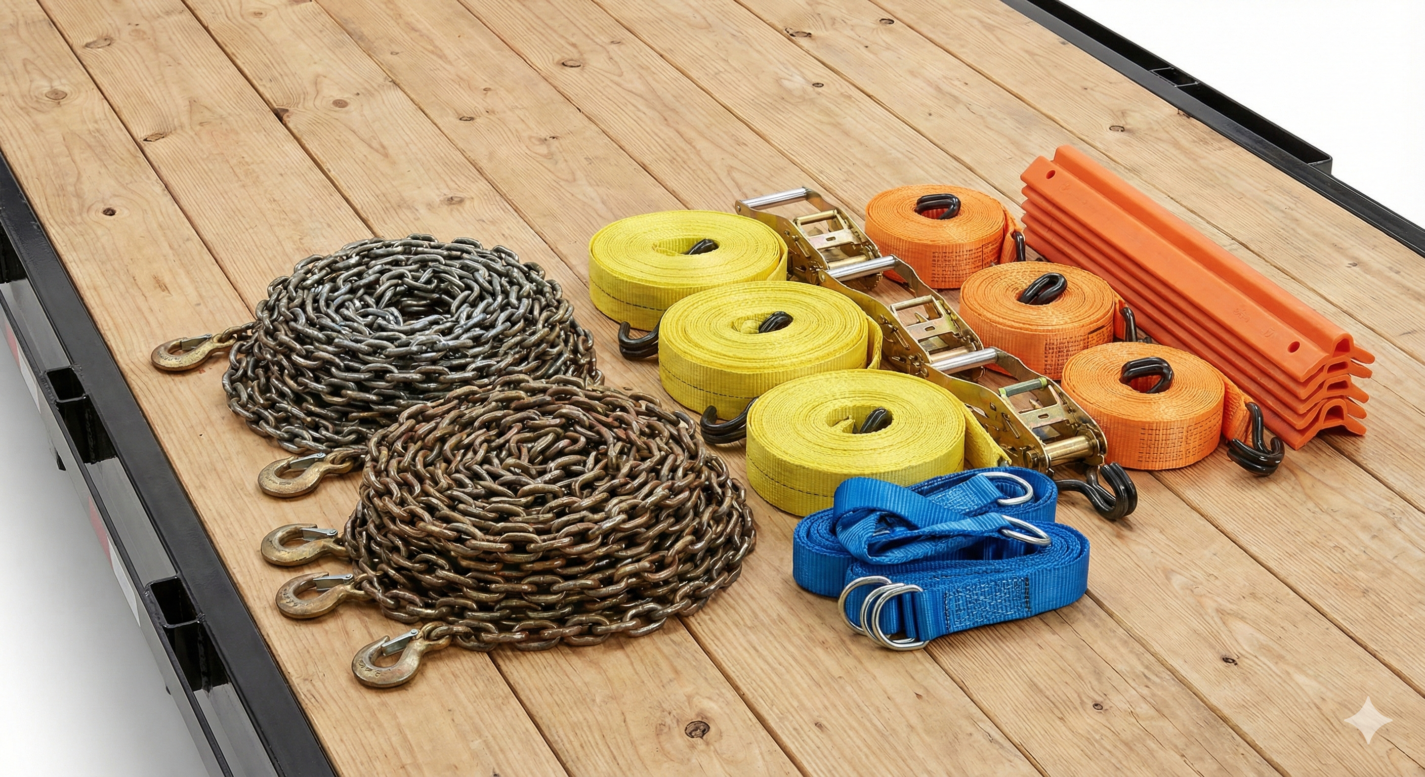 Close-up of cargo securement equipment (chains, straps, edge protectors) on a trailer deck.