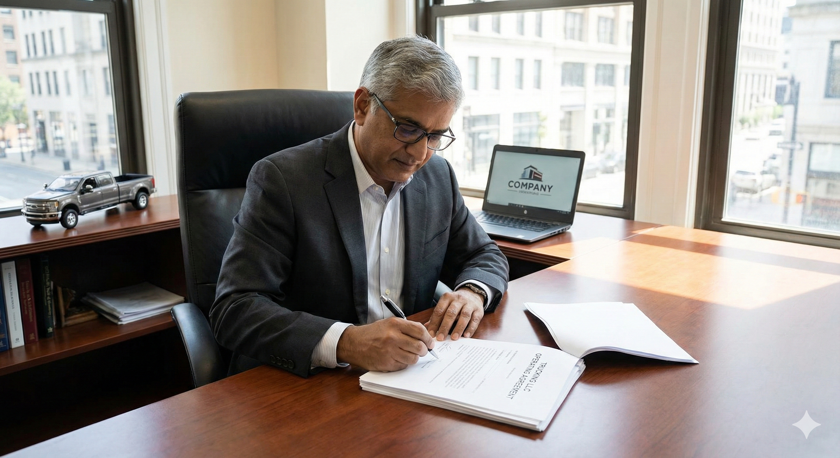 Business owner signing documentation for a new hotshot trucking company.