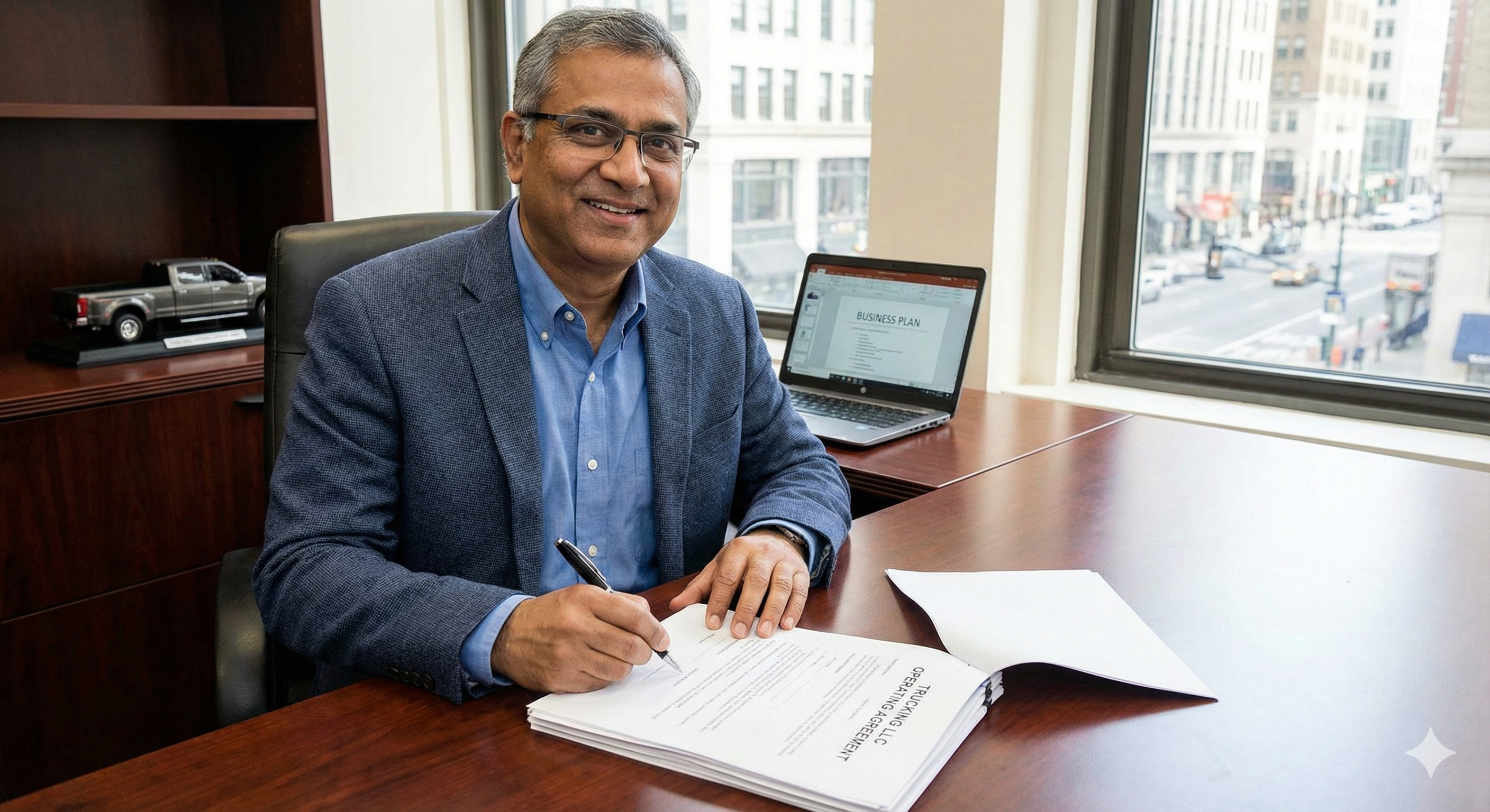 Business owner signing documentation for a new hotshot trucking company.