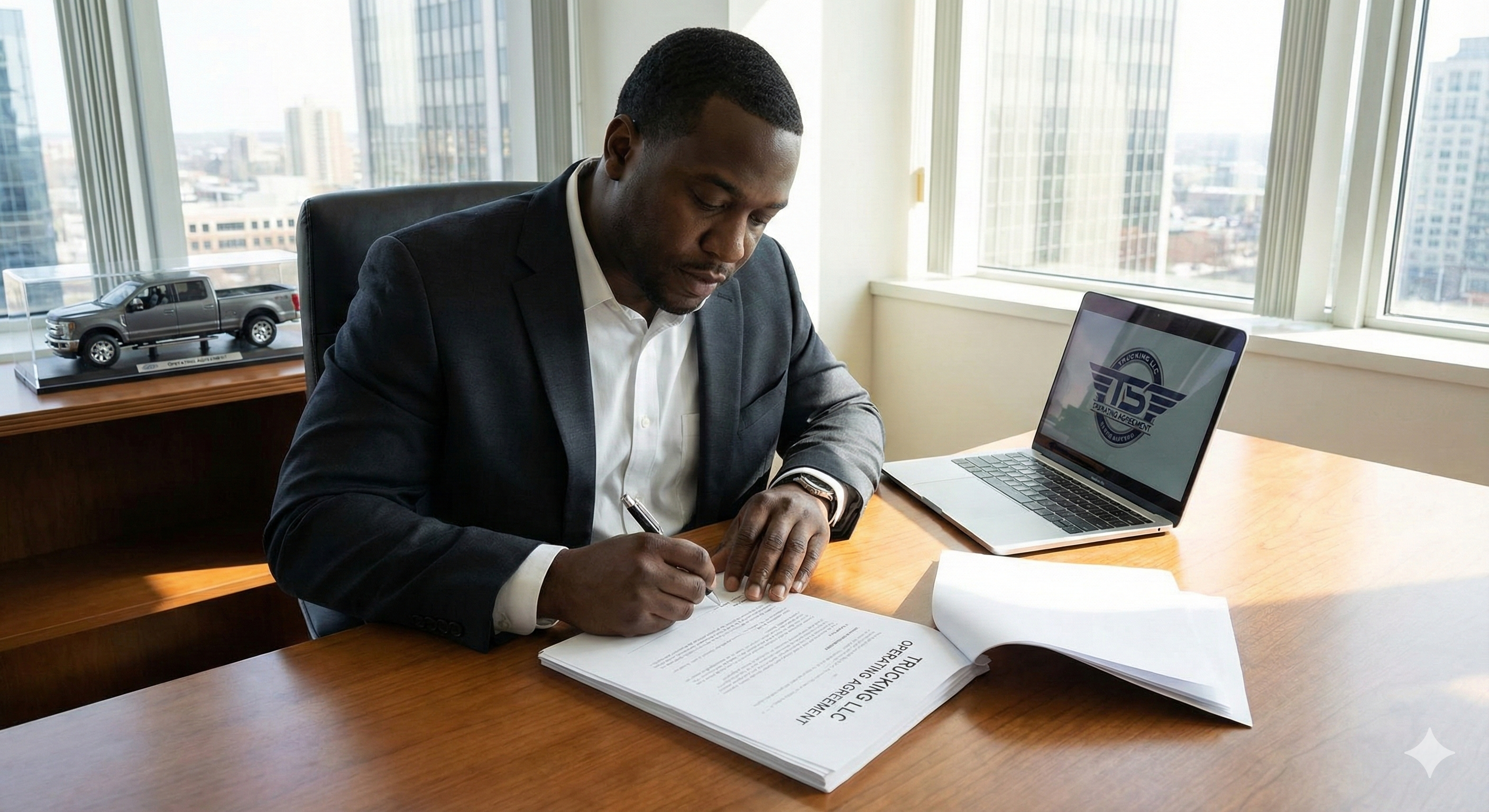 Business owner signing documentation for a new hotshot trucking company.