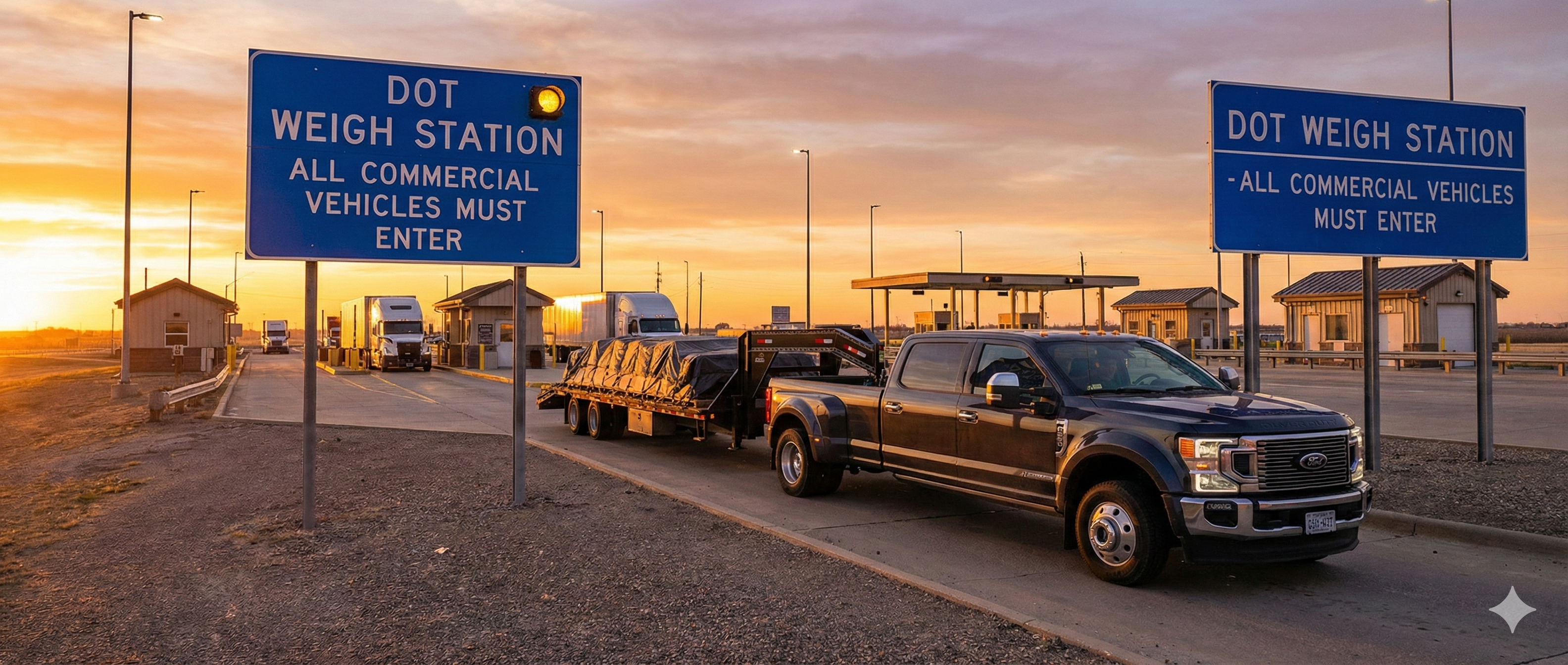 Hotshot truck and trailer entering a DOT weigh station at sunrise.