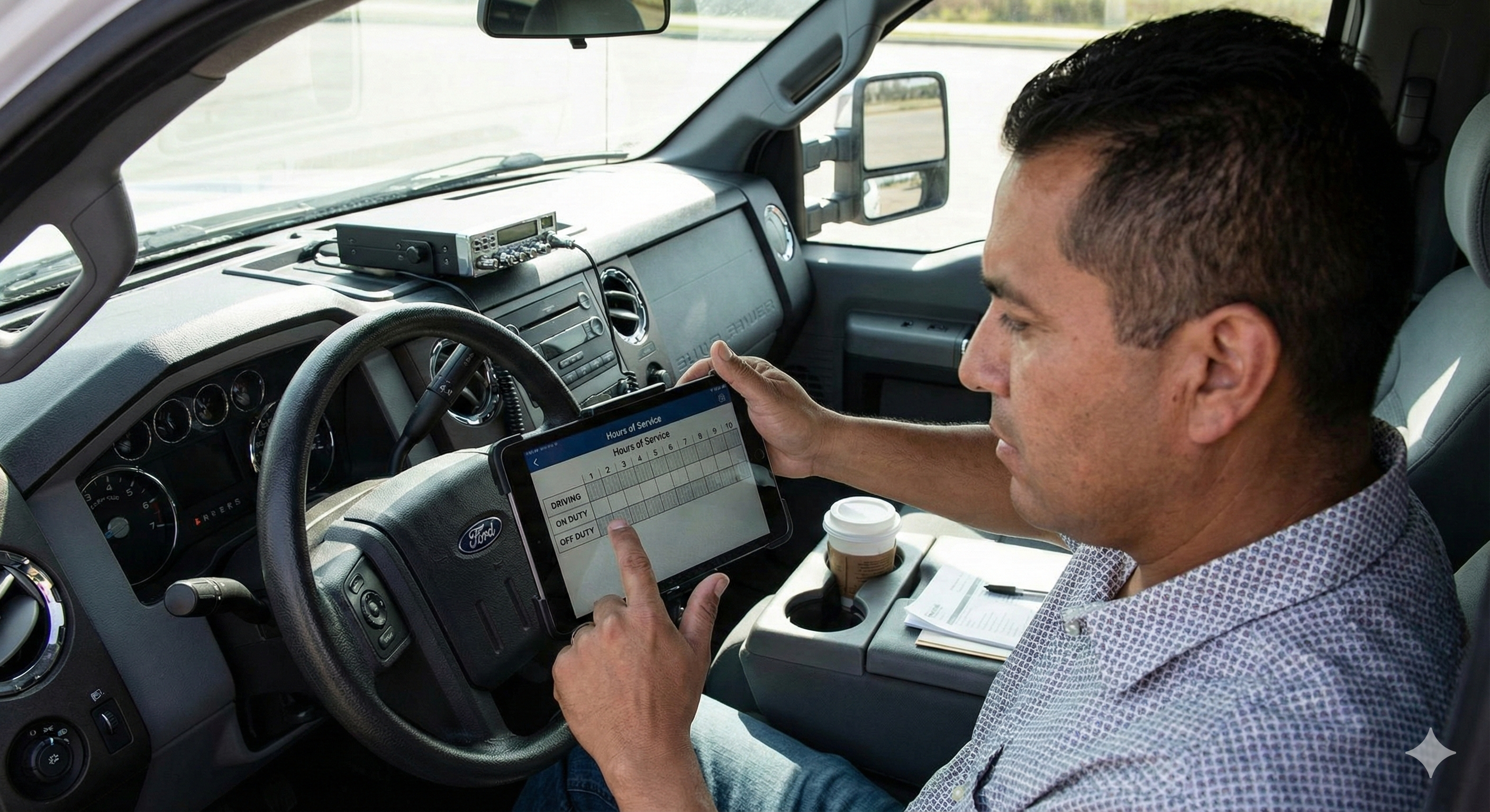 Hotshot driver using an electronic logging device (ELD) tablet inside the truck cab.