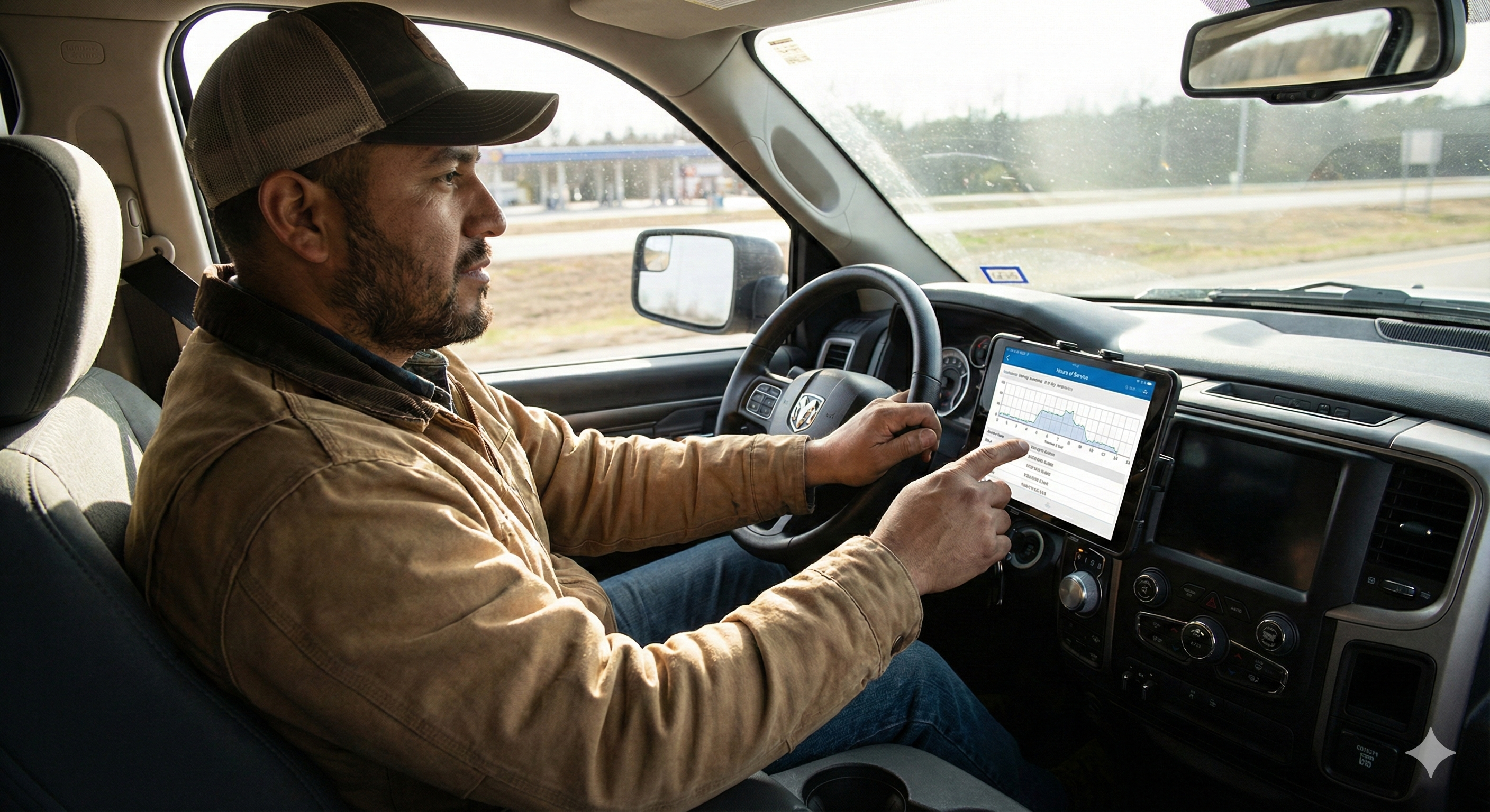 Hotshot driver using an electronic logging device (ELD) tablet inside the truck cab.