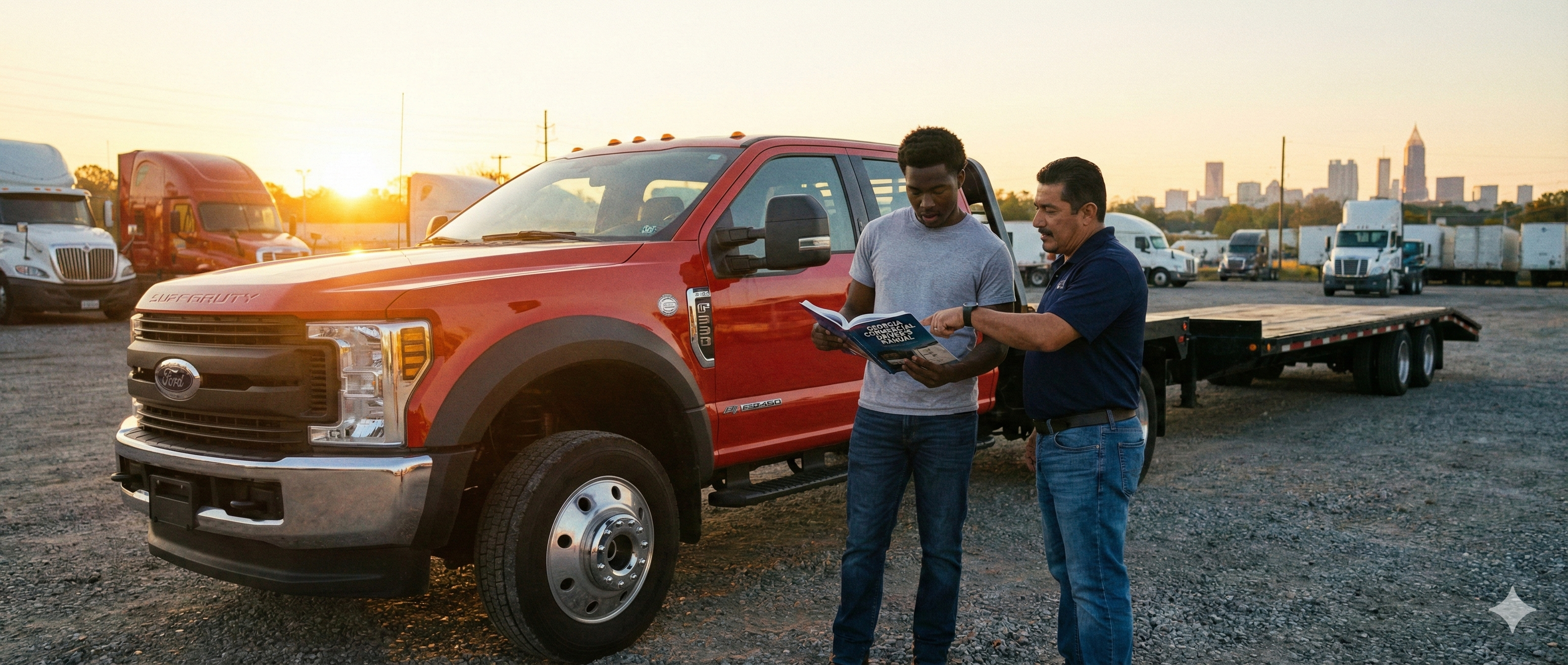 CDL student studying the manual with instructor by a hotshot truck and trailer.
