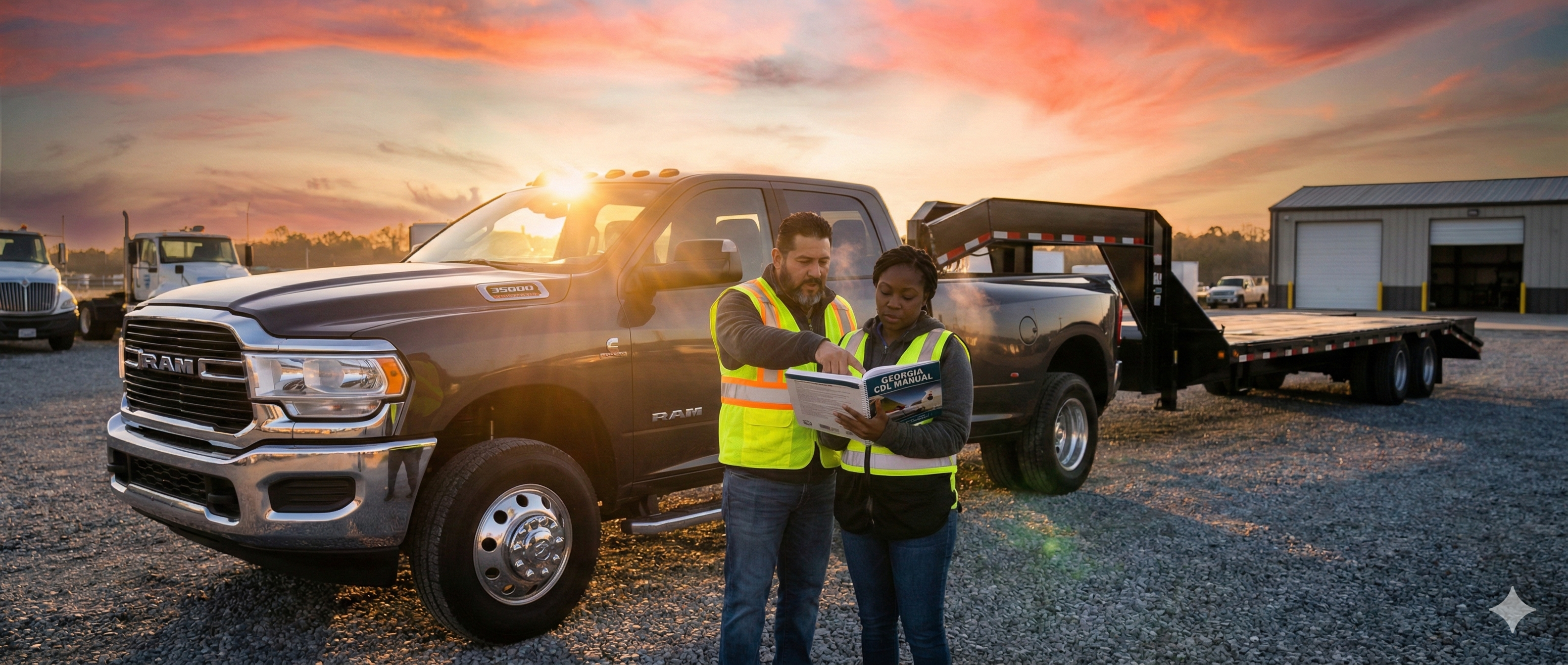 CDL student studying the manual with instructor by a hotshot truck and trailer.