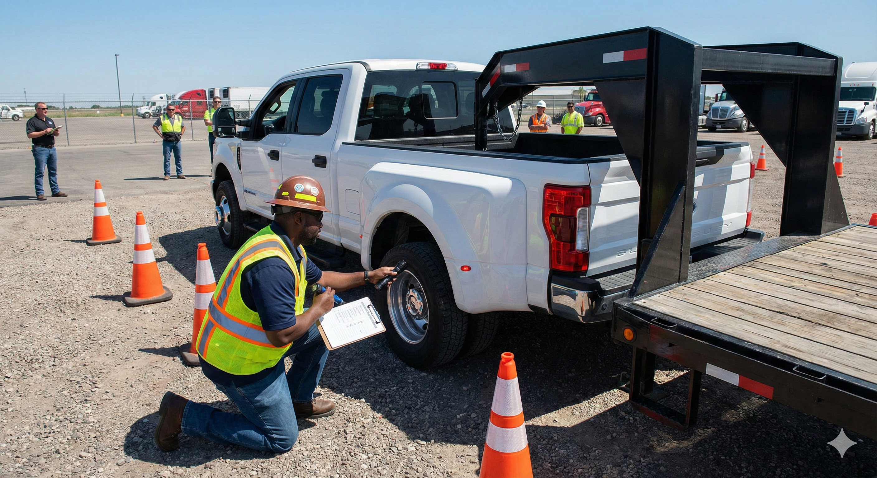 CDL trainee conducting a pre-trip vehicle inspection on truck and trailer.