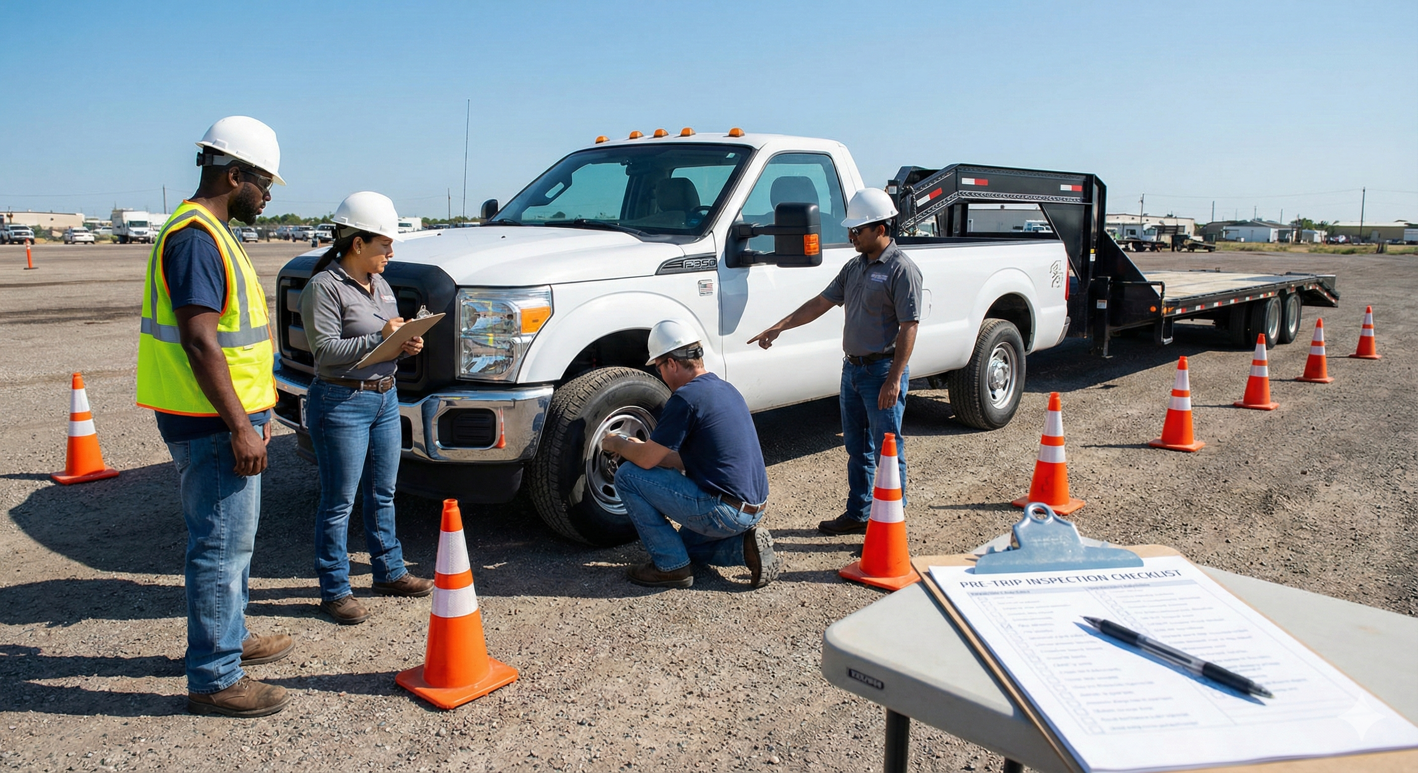 CDL trainee conducting a pre-trip vehicle inspection on truck and trailer.