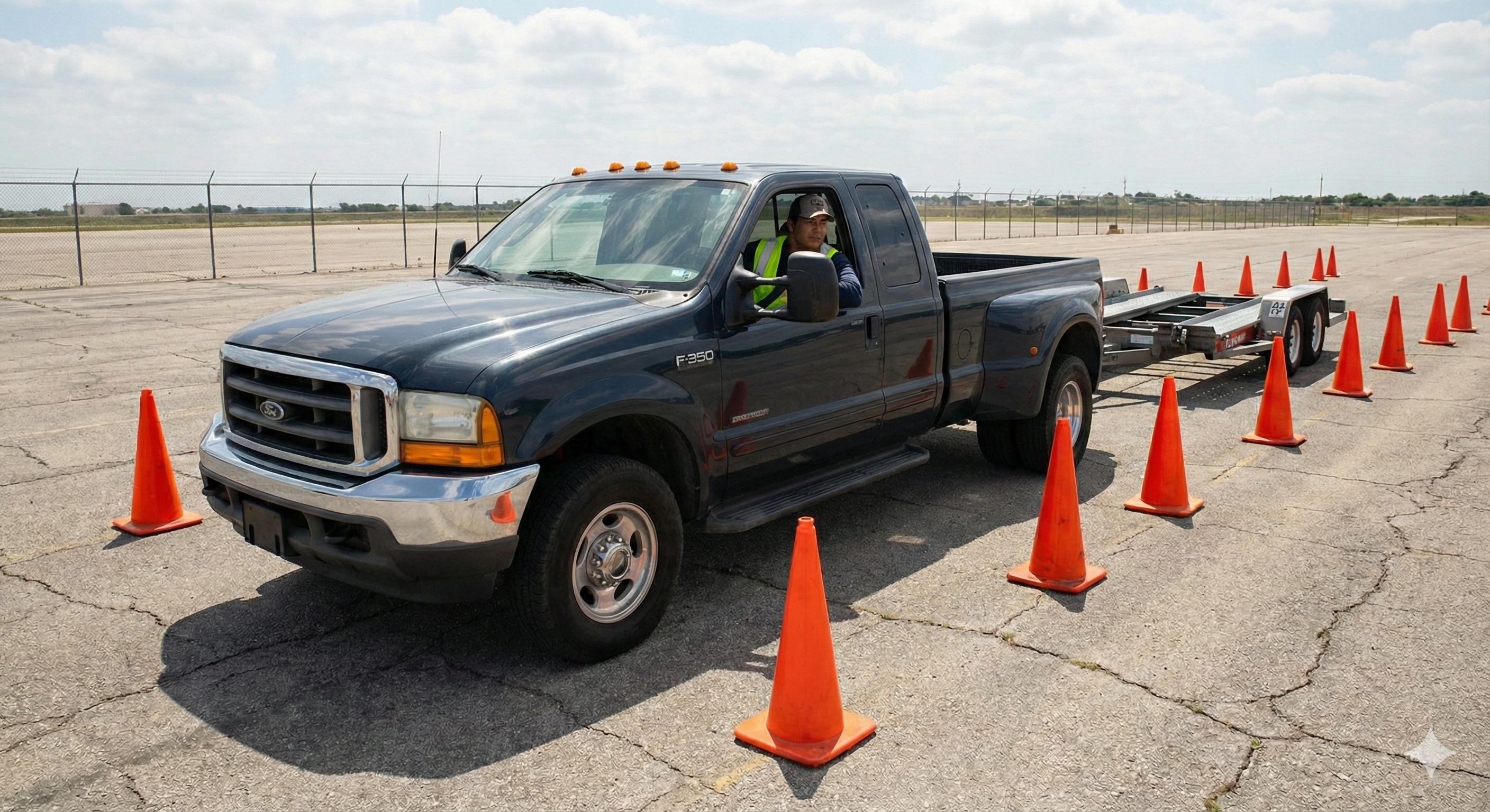 Student practicing backing a pickup and trailer on a training range.