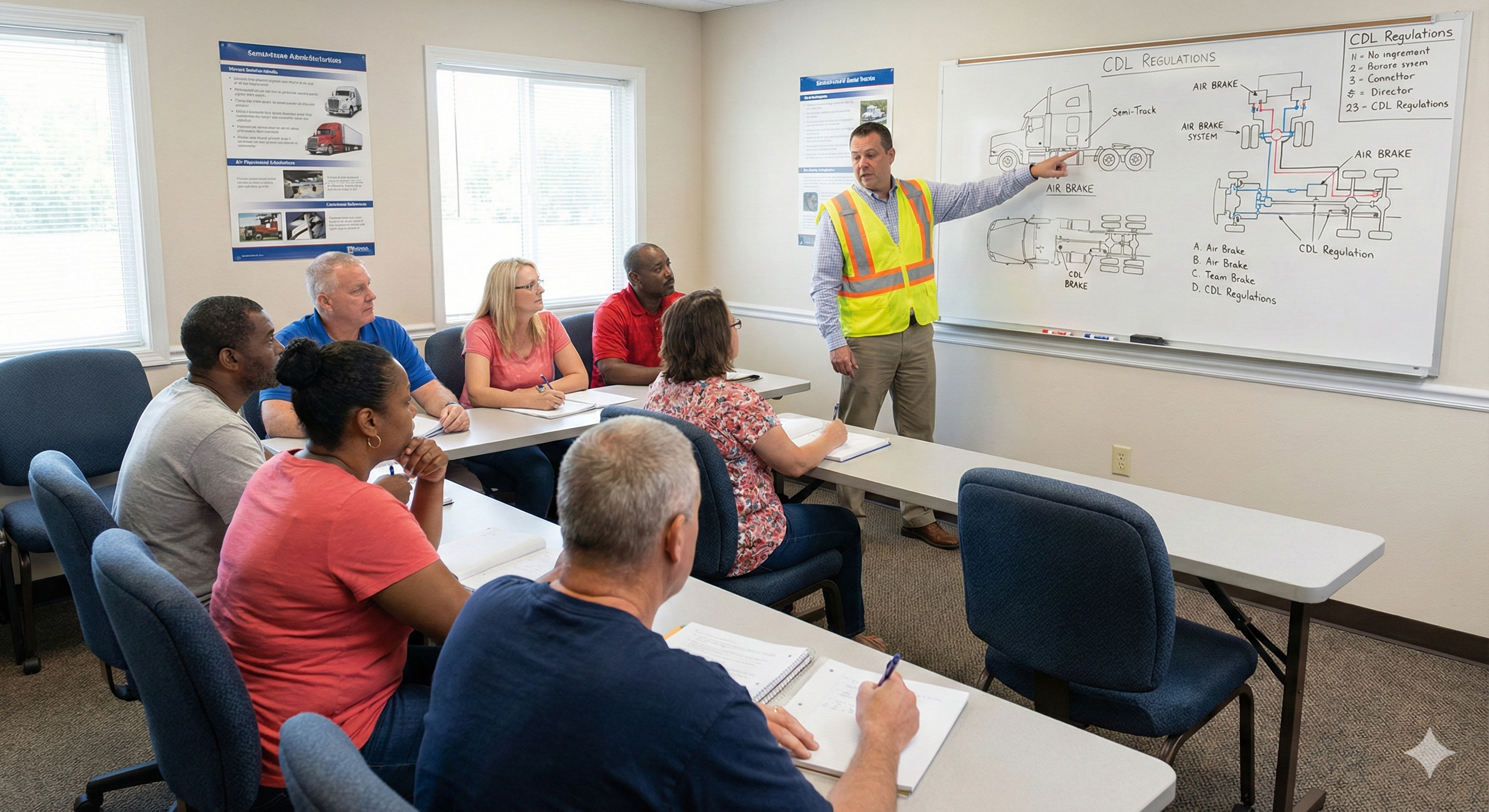 Instructor giving a CDL theory lesson to a small class of students.