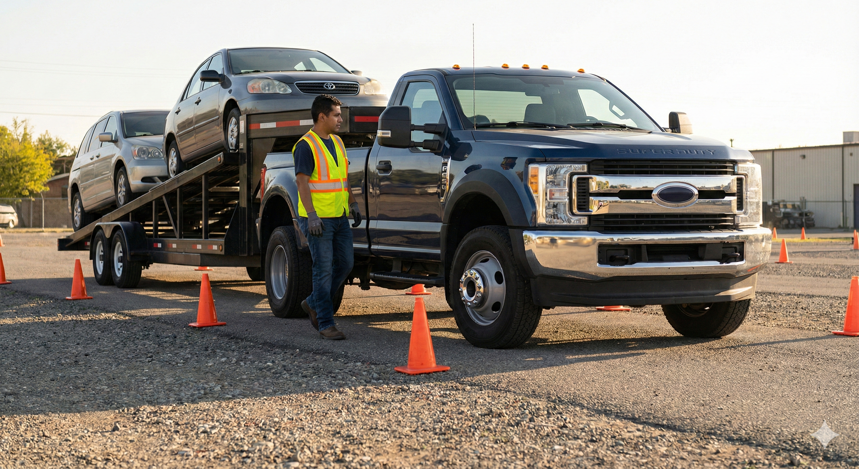 Student operating a multi-car car-hauler trailer during hotshot training.