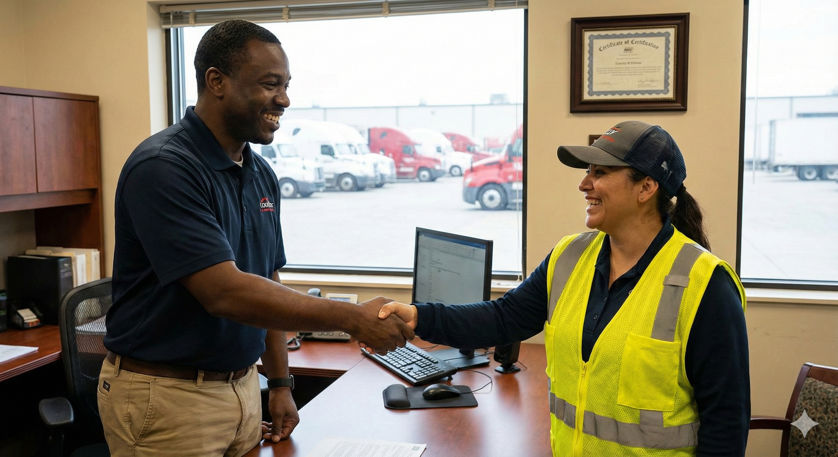 Recently trained truck driver shaking hands with a recruiter after completing training.