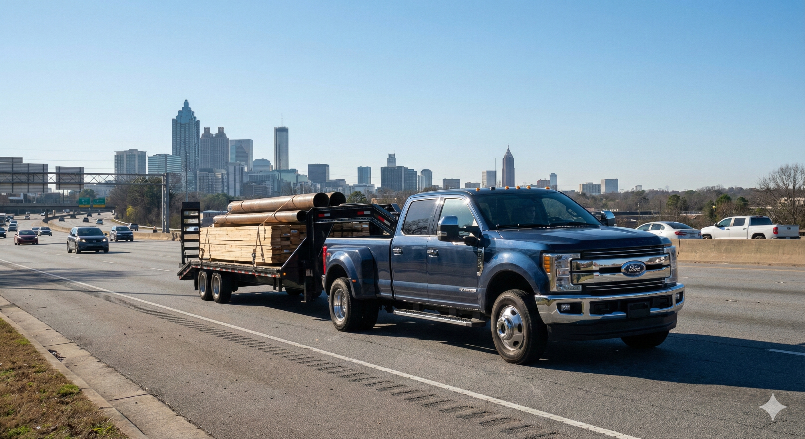 Hotshot pickup truck hauling cargo with the Atlanta skyline in the background.