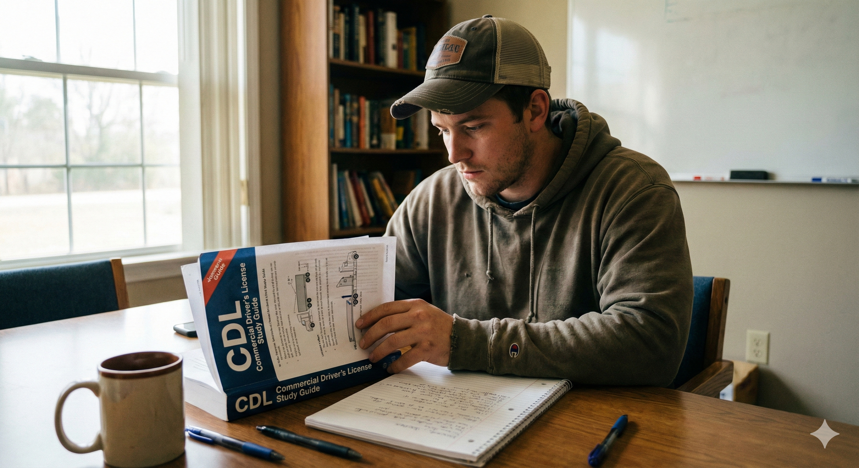 CDL student studying with a manual and taking notes in a classroom.