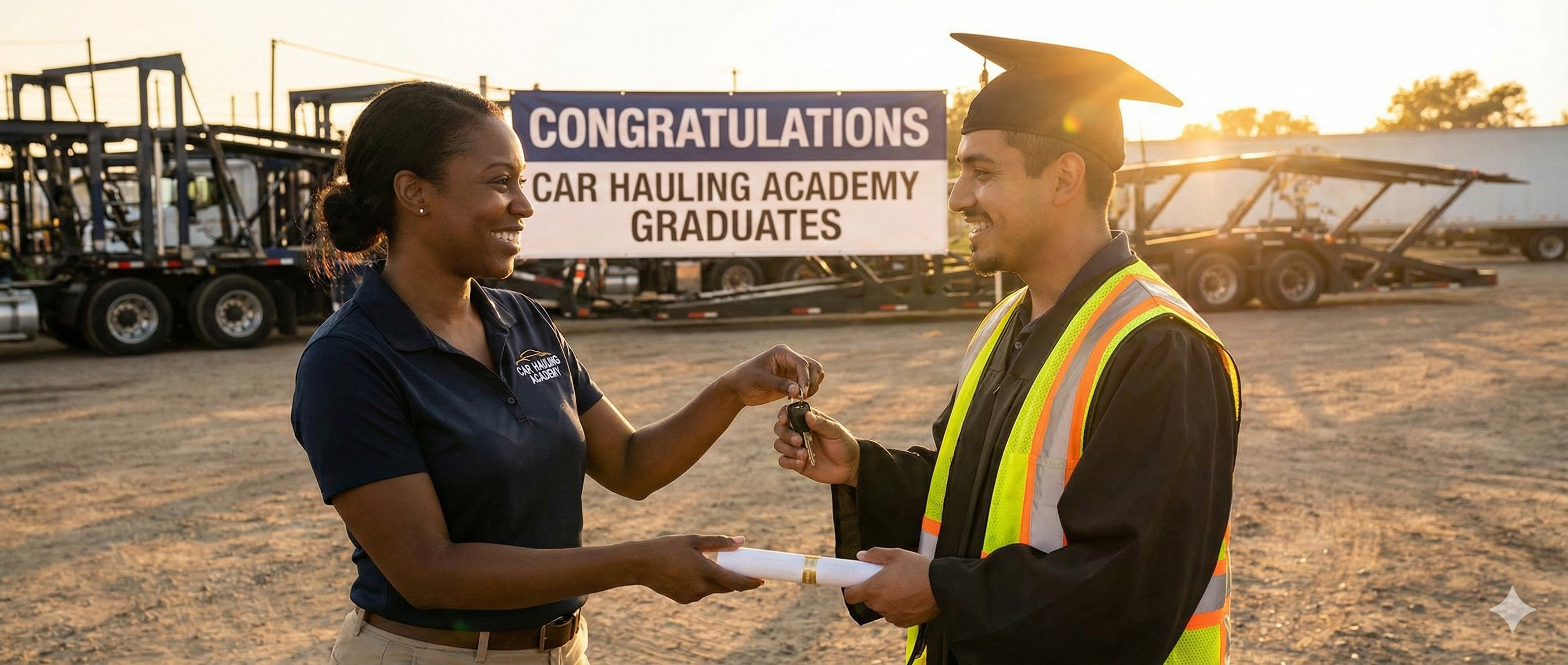 CDL instructor giving a truck key to a new graduate in a training yard.