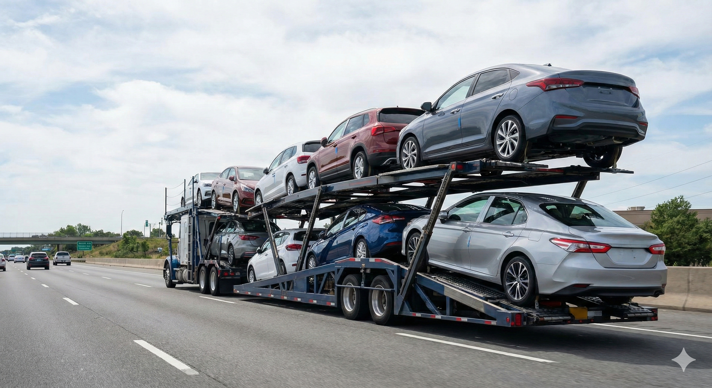 Medium-duty pickup truck with trailer driving on a sunny open road.
